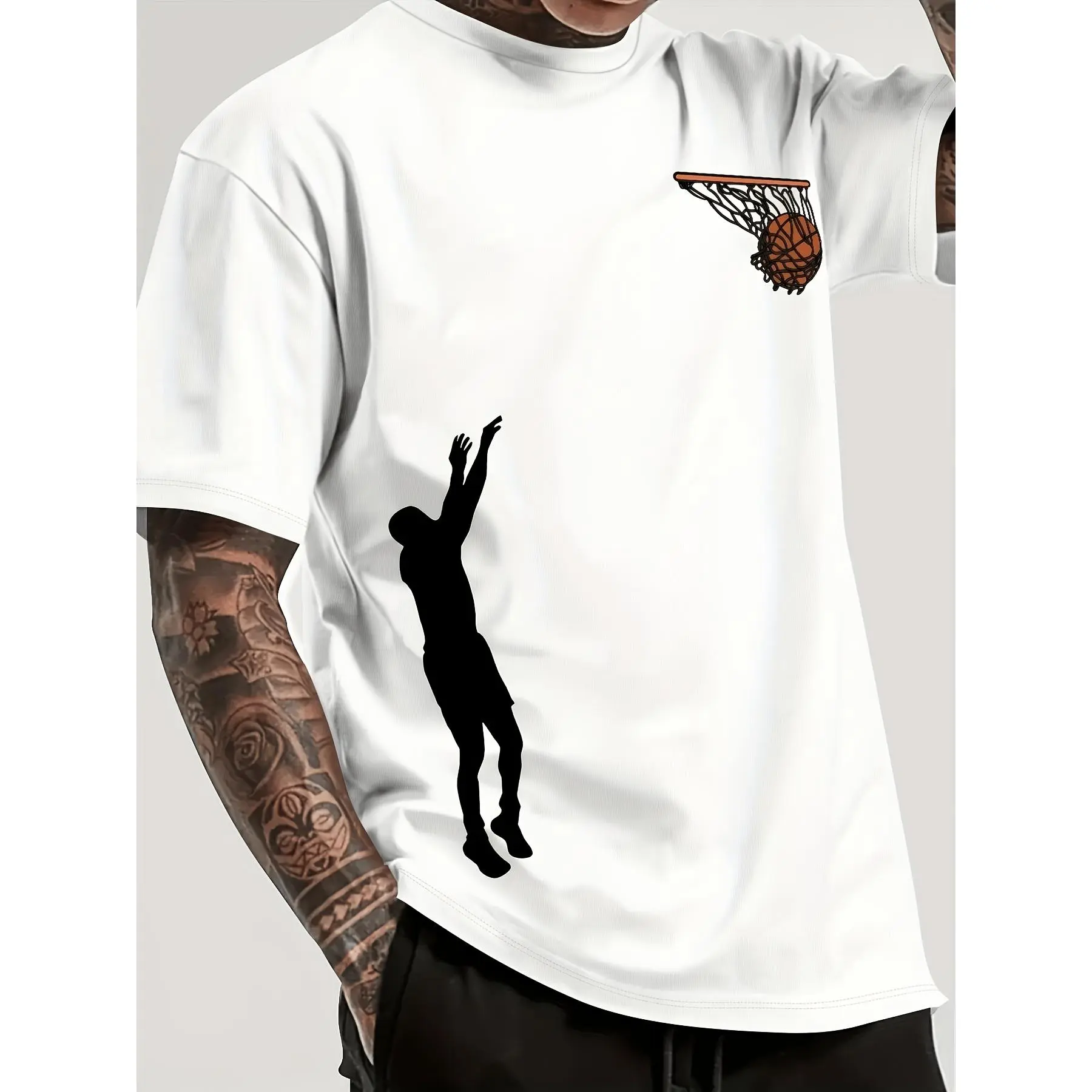 Men's Basketball Dunk Print T-Shirt - Short Sleeve Round Neck Casual Shirt with Dunk Action Graphics, Suitable for Casual Attire, & Outdoor Activities, Machine Washable Athletic Apparel for Fans, Year-Round Comfortable Fit