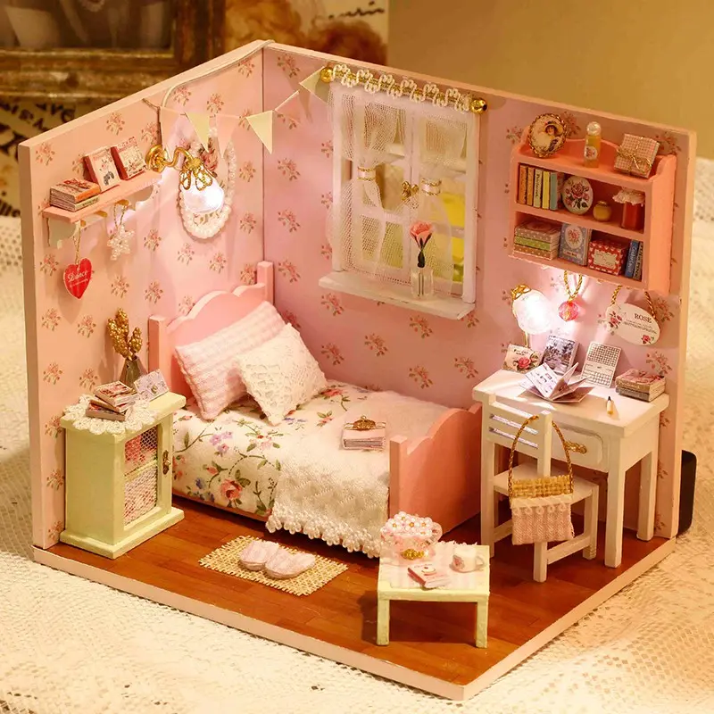 H-002 Bedroom DIY Mini House Kit, Miniature Houses, Doll House, LED Light, Detailed Decorations, Perfect for Craft Enthusiasts, Girls' Gifts, Valentine's Day, Birthday