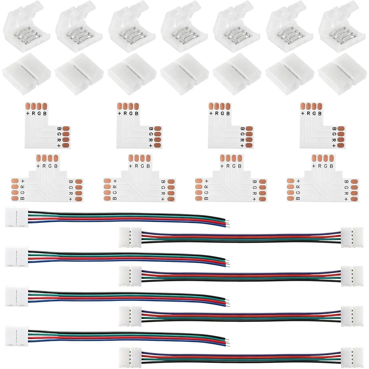 4 Pin LED Strip Connector Kit, 10mm 4Pin SMD LED Connector 4 Pin L Splitter Solderless Gapless Connectors T Shape Connectors Jumper Wires, for WS2805 WS2815 SMD Lights (30 Pcs)