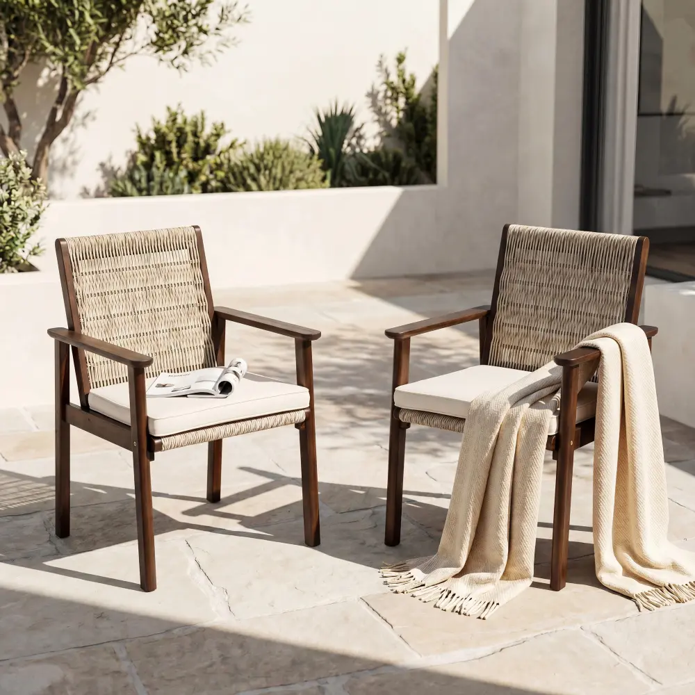 Littleox Rustic Look Outdoor Dining Armchair Set (2), Acacia Wood & Wicker Woven Patio Chairs with Waterproof Seats & Cushions, for Backyard Poolside Balcony, Dark Brown