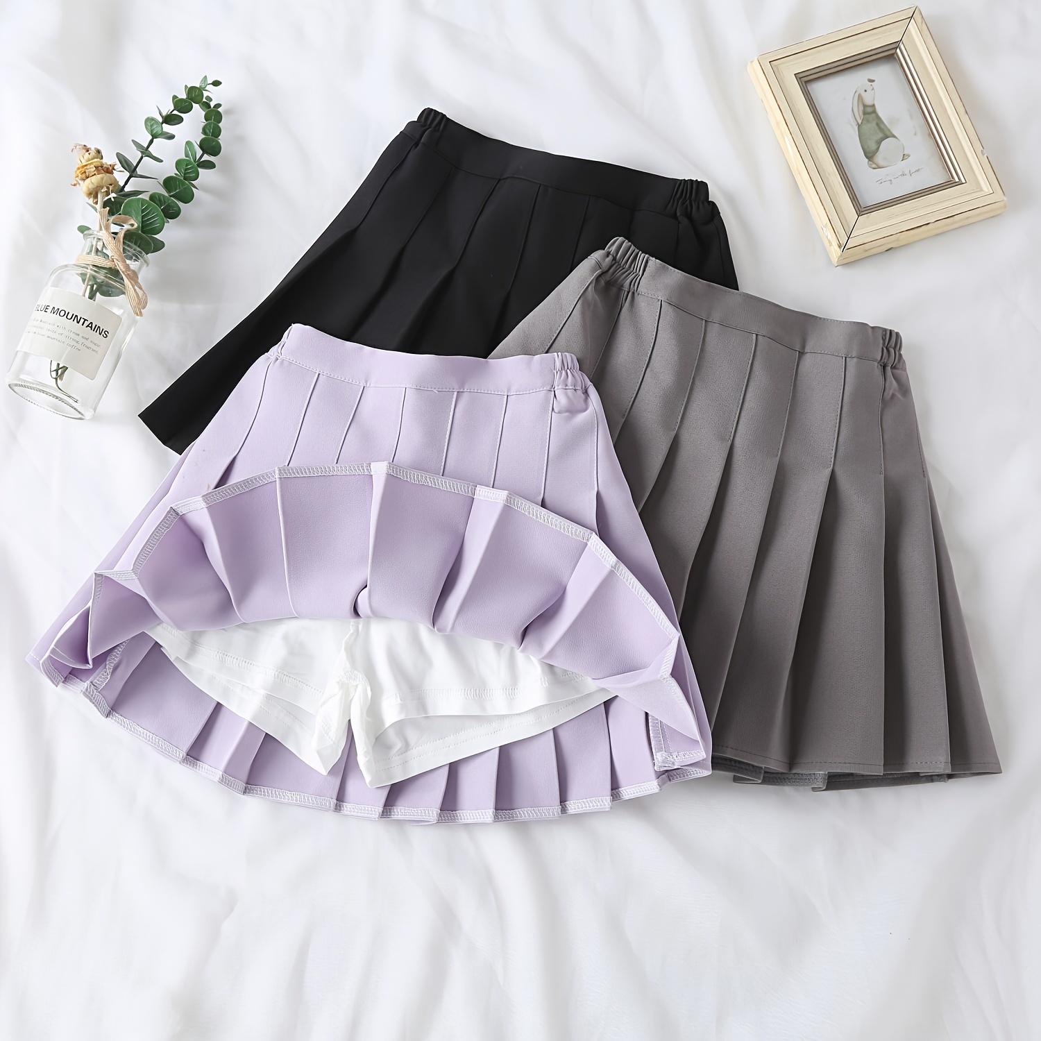 Girls' Pleated Skirt with Safety Shorts, Solid Color School Uniform Style