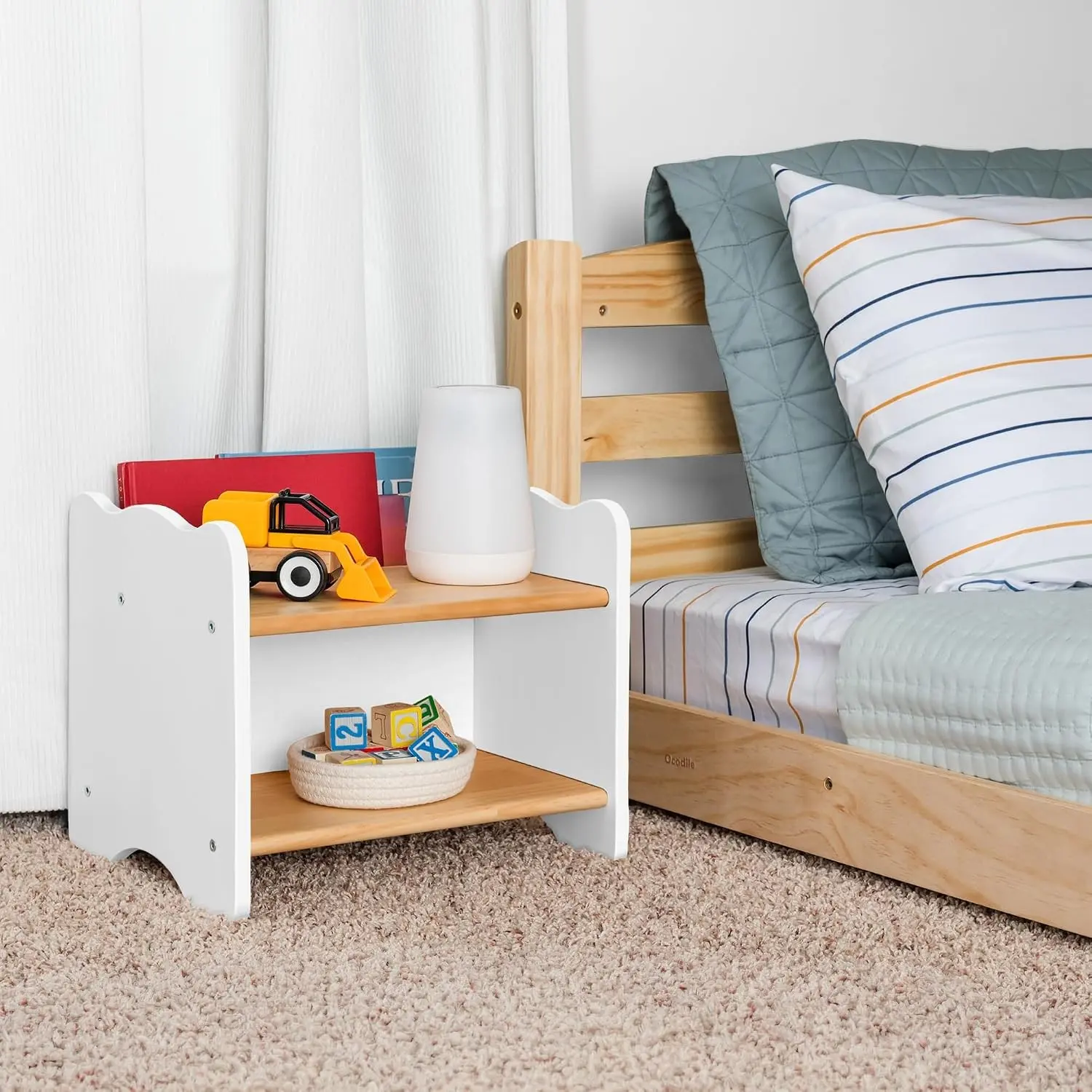 The Original Kids Nightstand for Floor Beds, Solid Wood Small Bedside Table with Book Pocket, Low Tiny Nightstand for Nursery, Toddler & Kids Room, Montessori Style Side Table - White