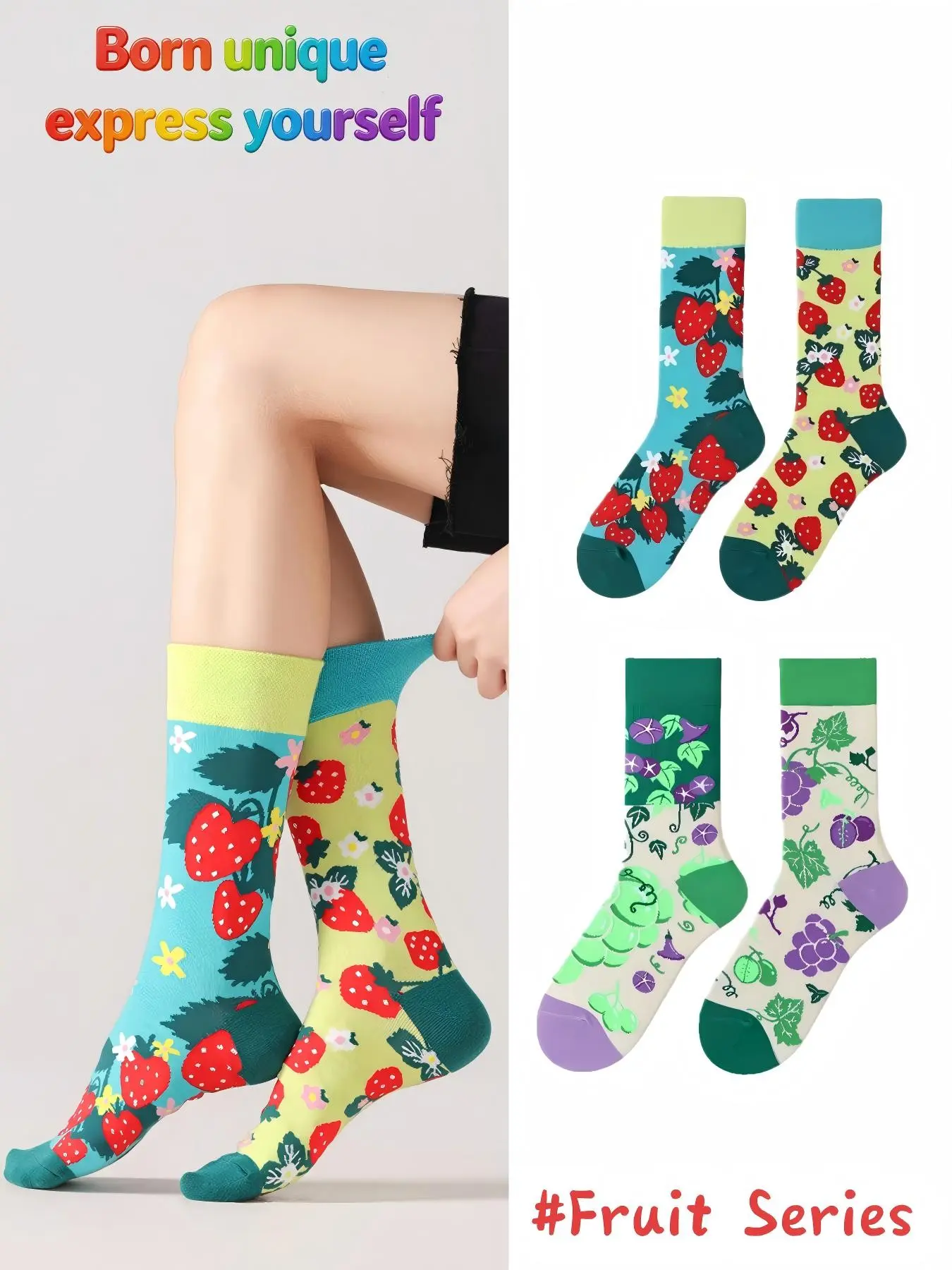 2 Pairs Fruit Series Mismatched Crew Socks | Soft Socks, Breathable & Comfortable, Cute Grape Strawberry Socks for Daily OOTD & Streetwear