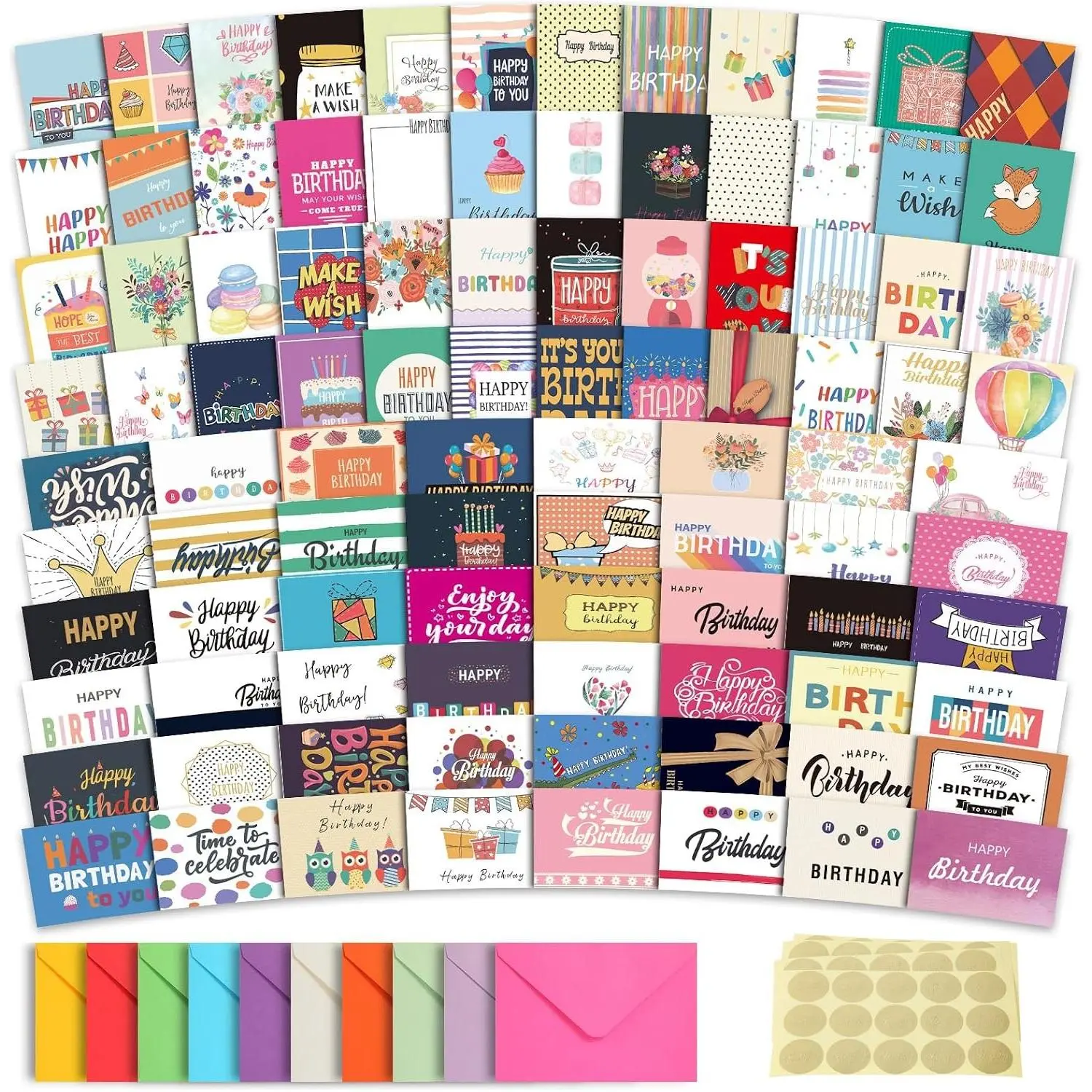 100 Unique Assorted Birthday Cards with Envelopes & Stickers, 4 x 6 Inches, Bulk Boxed SetGift