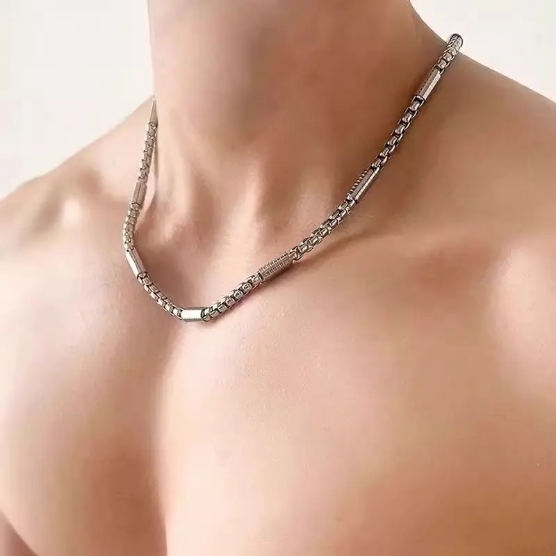 Men's Titanium Steel Non-Fading Square Pearl Beaded Chain Necklace, European-American Trendy Hip-Hop Accessory for Casual Wear with Simple Look, Square Pearls, One-Piece