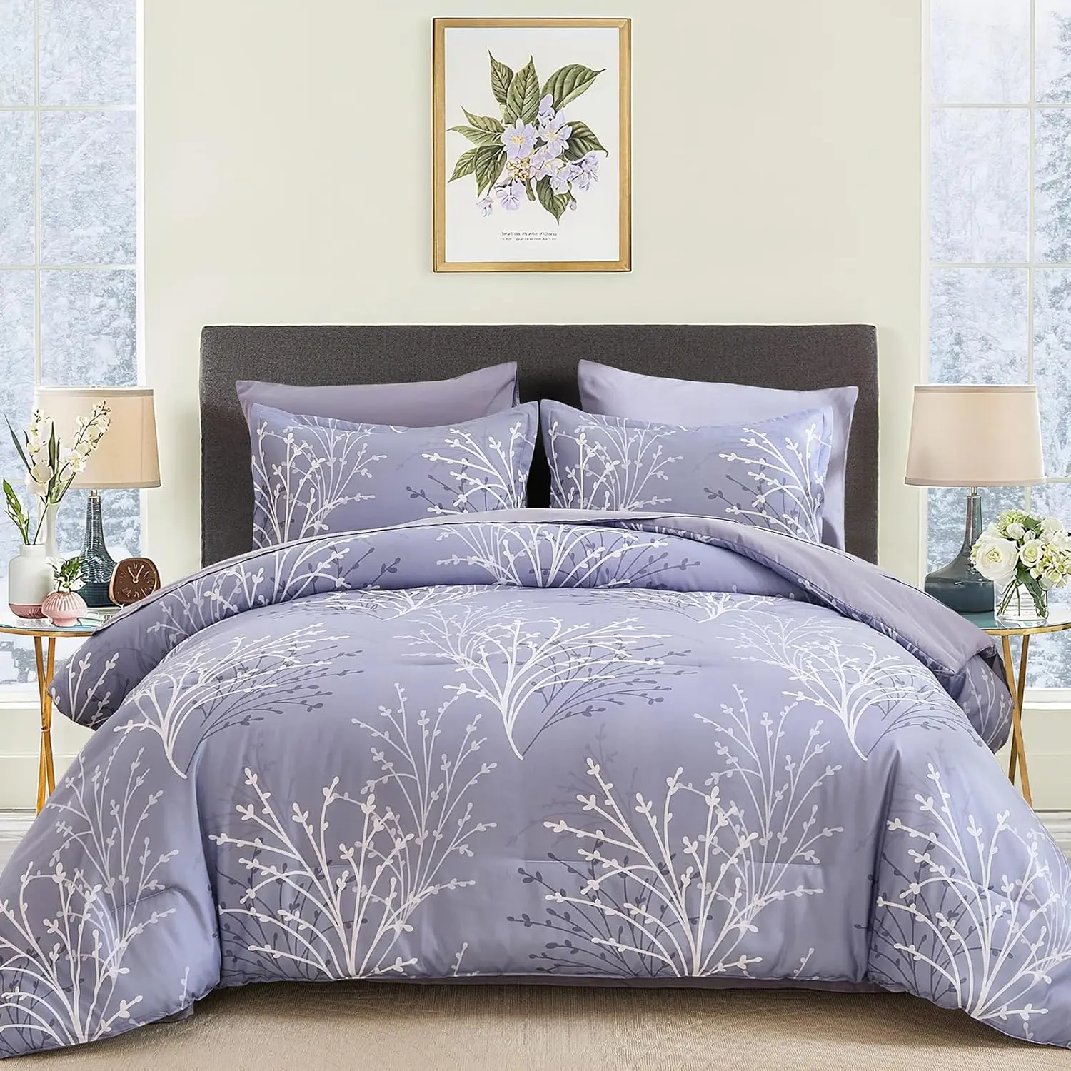 Comforter Set  Size, Branch Botanical  Bed in a Bag, 7 count Sky Blue Floral Comforter Bedding Set, Soft Lightweight Bedding for   (90''x90'')