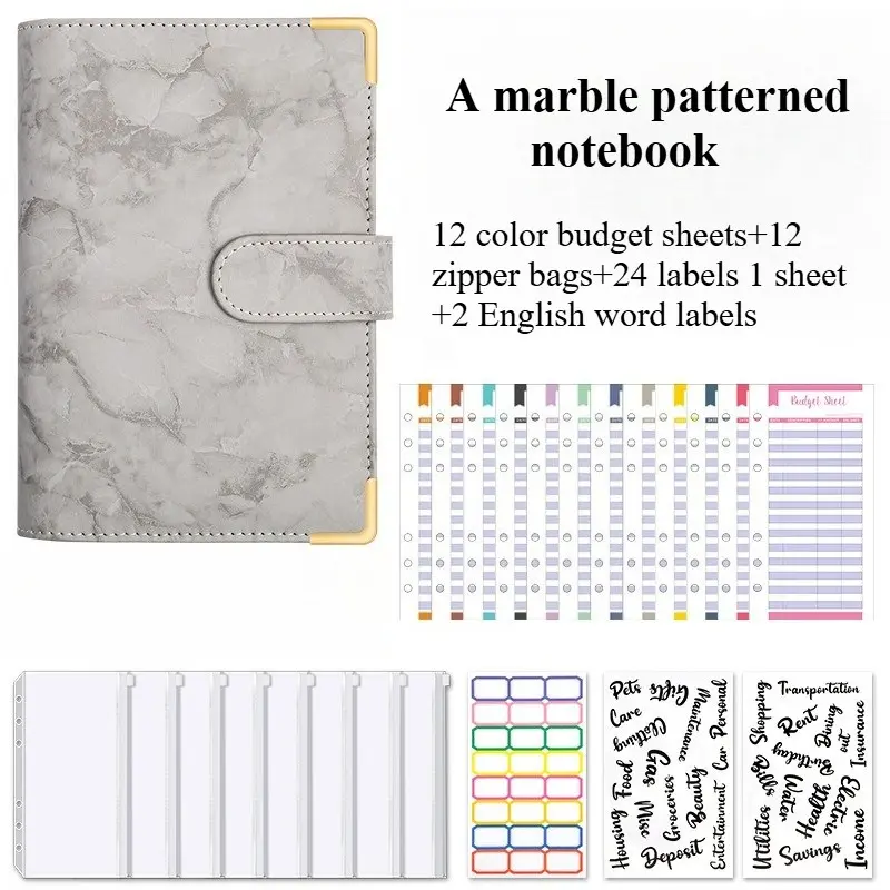 A6 Marble Pattern Notebook, PU Leather Journal, Cash Savings Book, Zipper Pouch, Budget Planner, Labels, English Word Tags