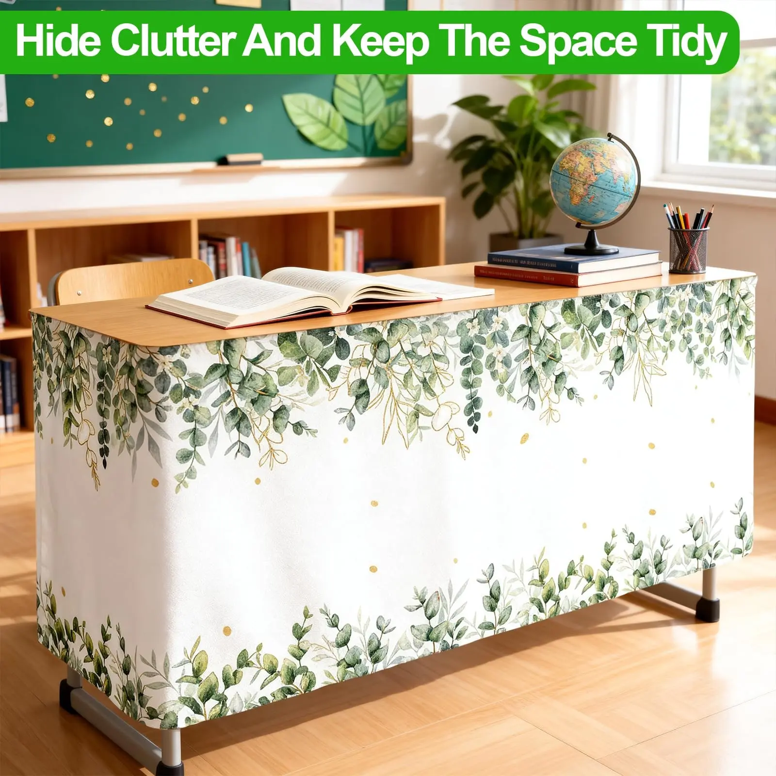 6 Feet Eucalyptus Leaf Teacher Table Skirt, Sage Classroom Decor, Flannel Table Skirt, Back-To-School Party Supplies, Home Decoration