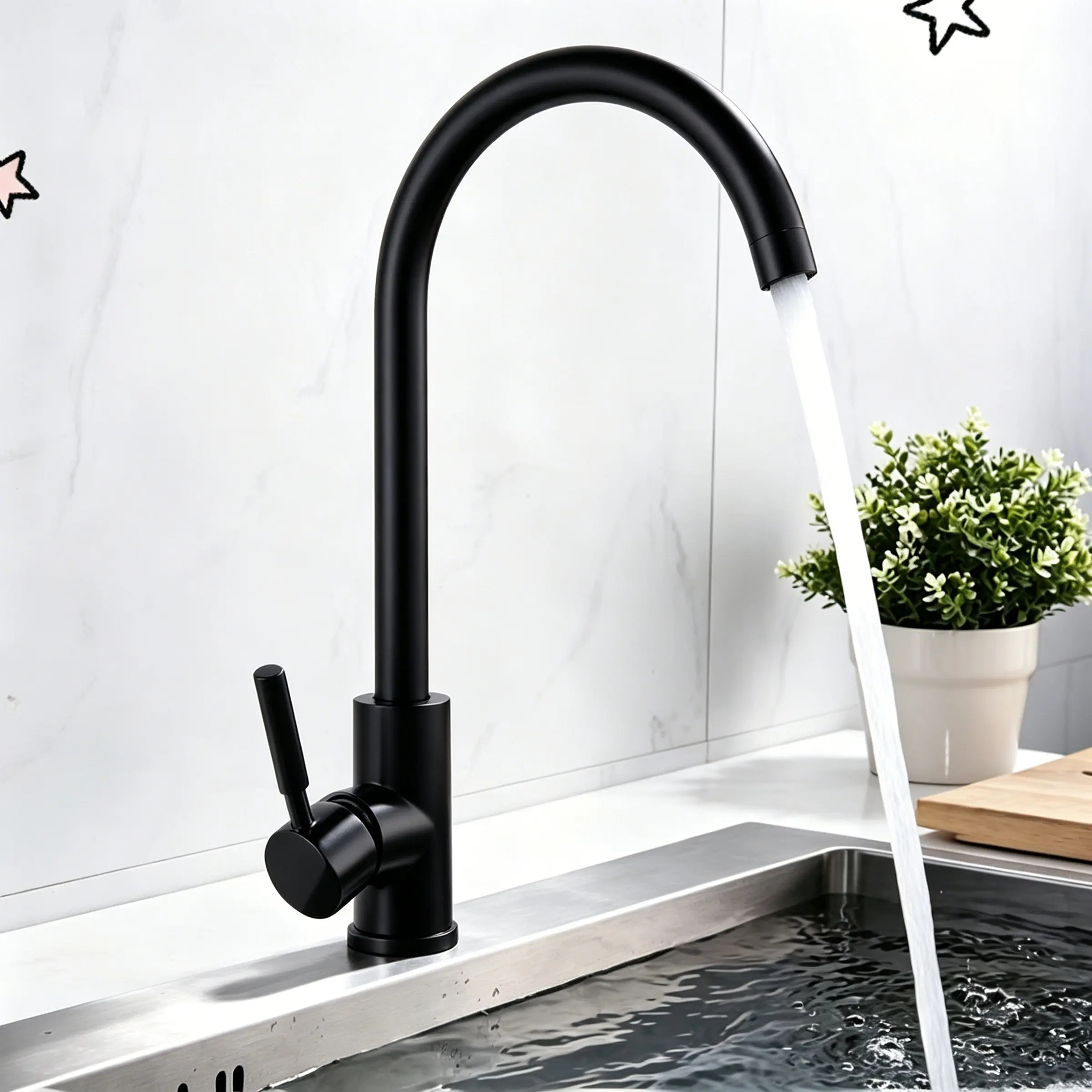 Black Stainless Steel Single Handle Kitchen Mixer Tap, High Arc 360° Swivel Spout Faucet, Single Hole Mount Hot & Cold Kitchen Sink Tap for Household, Modern Kitchen Faucet