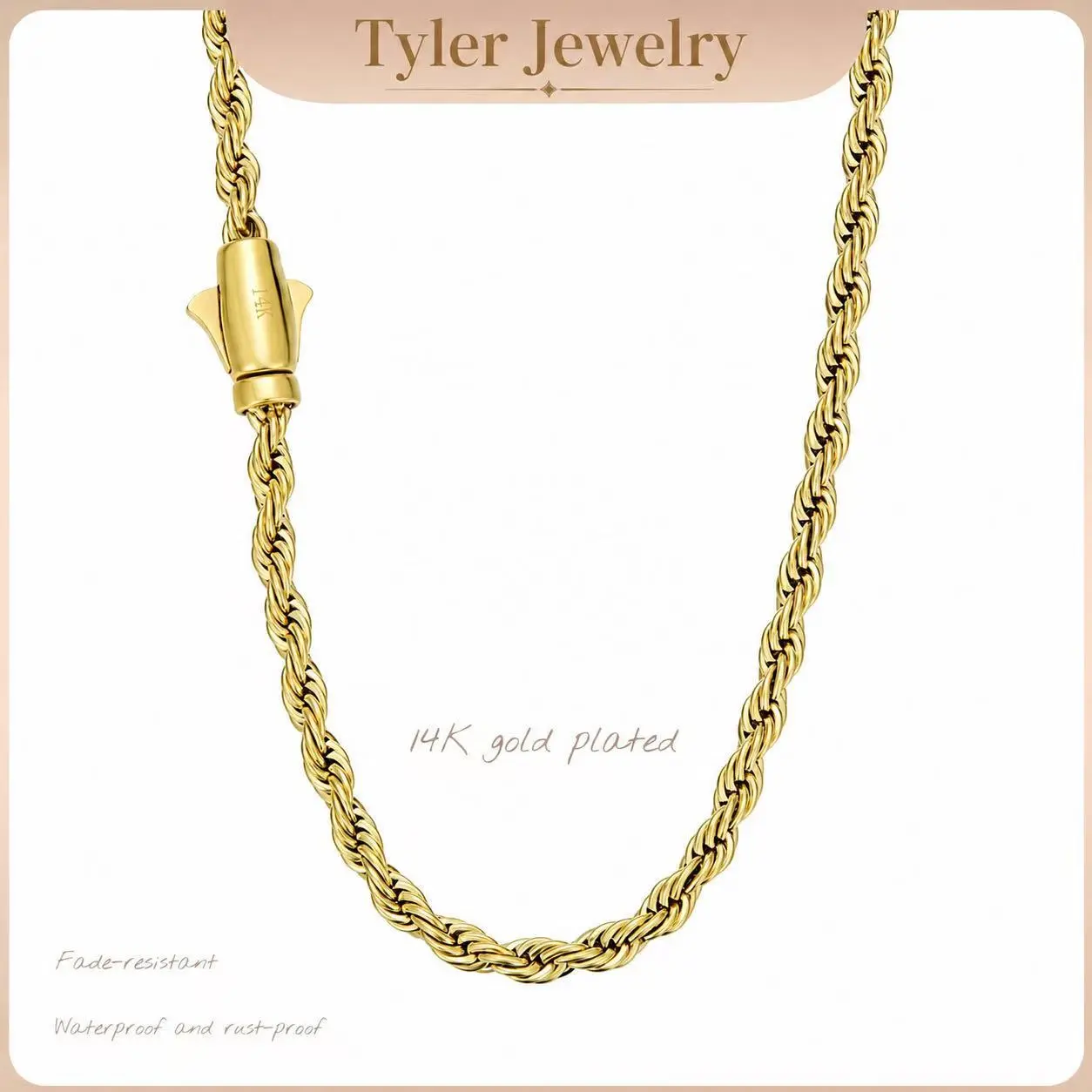 14K Gold-Plated 6mm Rope Chain Necklace for Men & Women – Waterproof, Tarnish-Resistant, Classic Twisted Chain, 16–24Inch