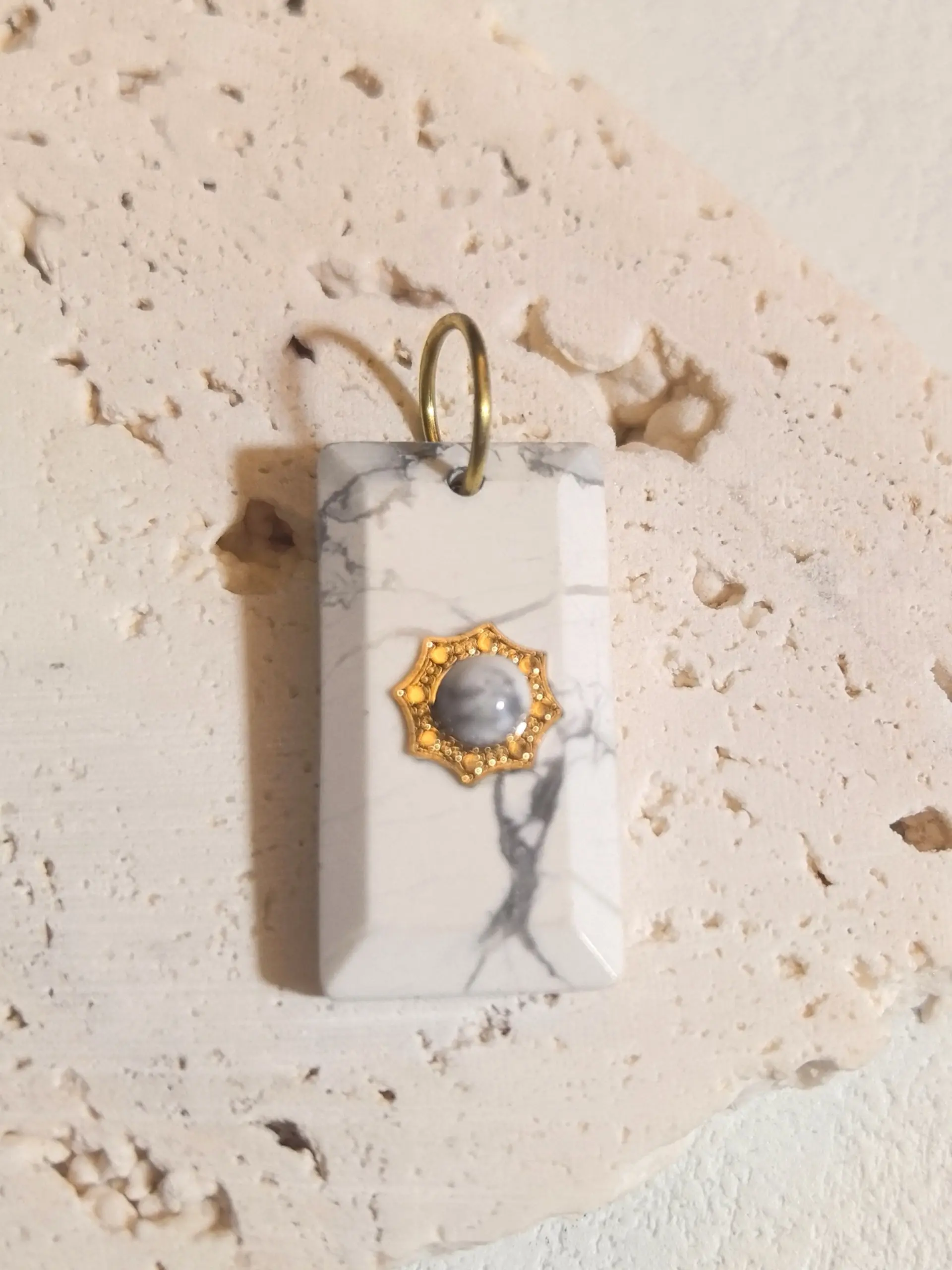 French Vintage Natural Stone Pendant, Cut Faceted Square Tag Charm with Copper Bail, Elegant Jewelry Accessory, Unique Gift Idea