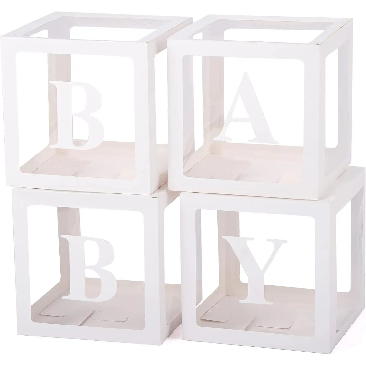 Baby Balloon Boxes with Letters, White, 4 Transparent Boxes | For Baby Shower, Gender Reveal Birthday Wedding Decorations without Balloons