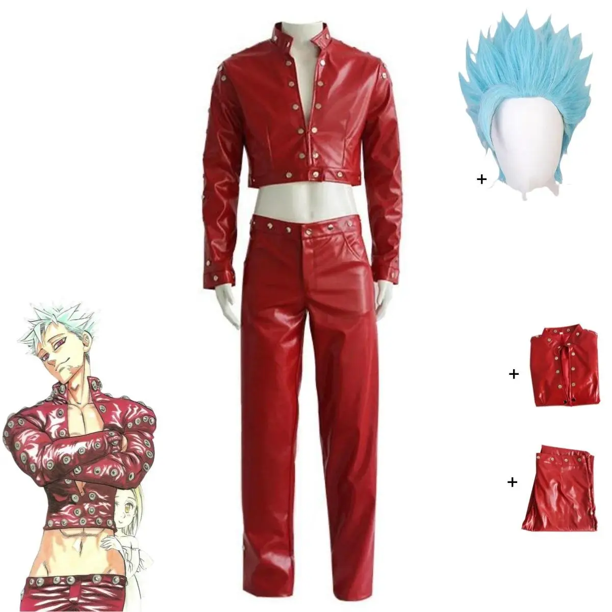 Anime Seven Deadly Sins: Wrath of The Gods Ban Cosplay Costume Red PU Coat Pants Wig Adult Man Woman Halloween Carnival Suit