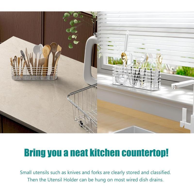 304 Stainless Steel Utensil Holder, Dish Drying Rack, Kitchen Utensil Organizer, Knife and Fork Draining Rack, Kitchen Drainage Basket Accessories, with Hooks, Rustproof, Color-Silvery