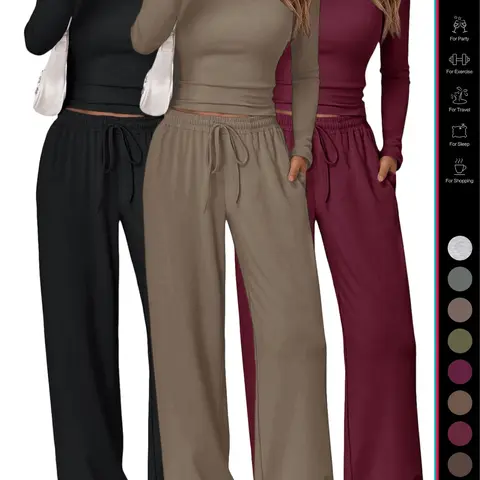 Women's Matching Lounge Set, Long Sleeve Slightly Cropped Top and Wide Leg Pants, Casual Drawstring Daily Wear, Pj Set