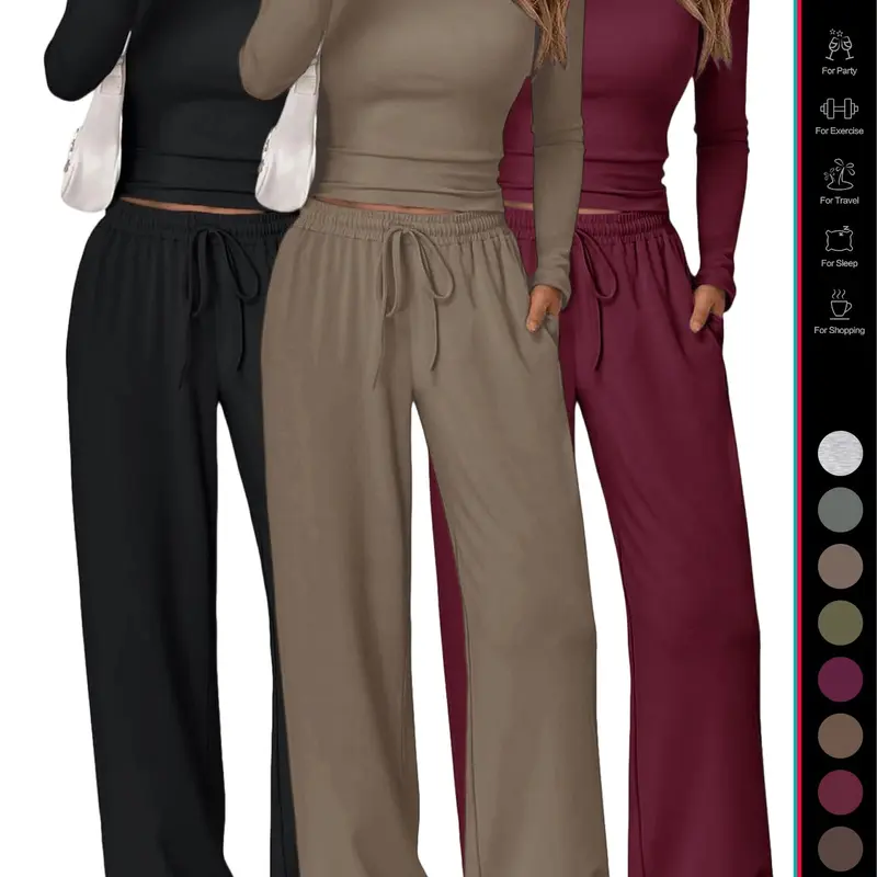 Women's Matching Lounge Set, Long Sleeve Slightly Cropped Top and Wide Leg Pants, Casual Drawstring Daily Wear, Pj Set