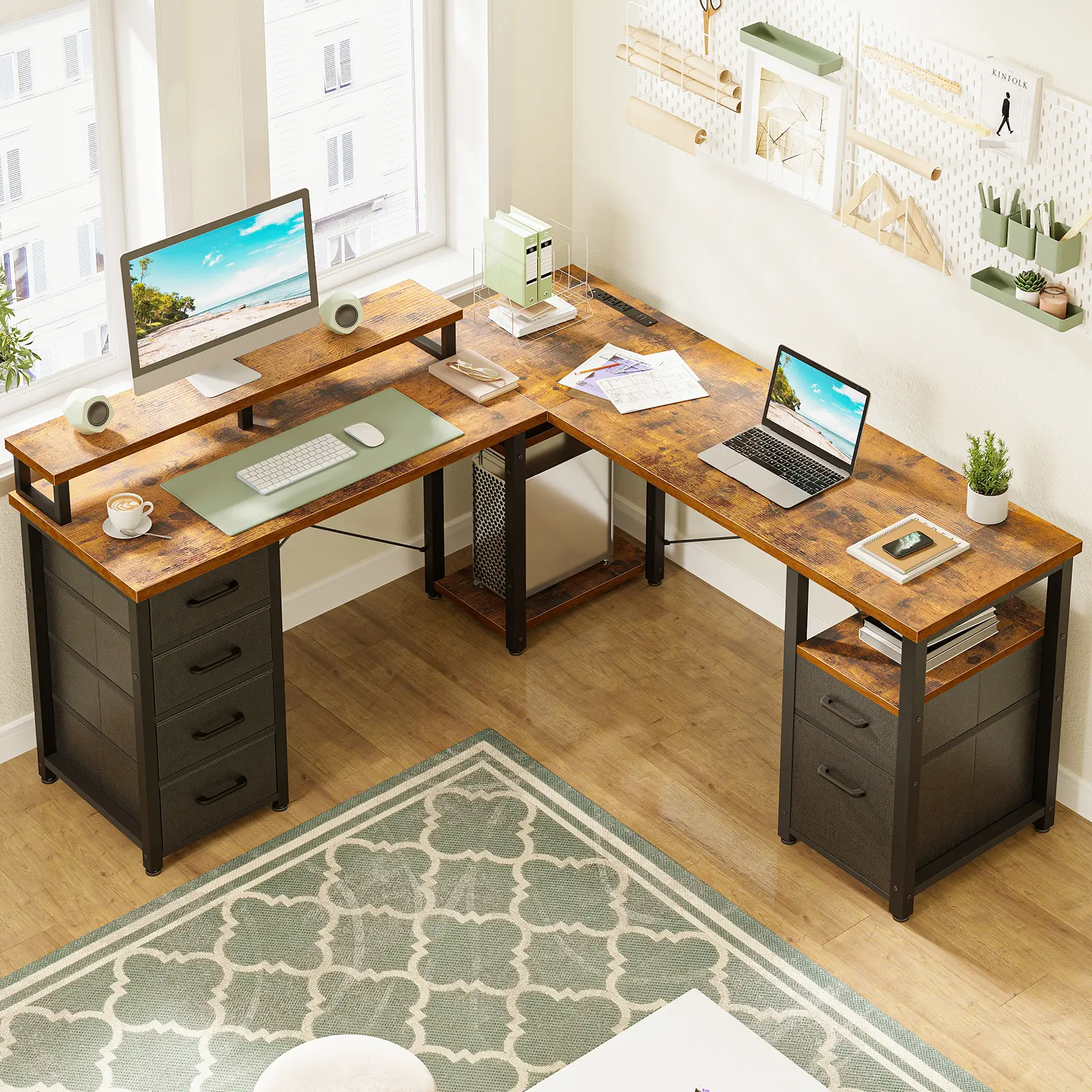AODK 66" L-Shaped Computer Desk with LED Lights & Power Outlet, Reversible Home Office Desk with File Cabinet & 4 Drawers, Corner Gaming Desk with Monitor Shelf