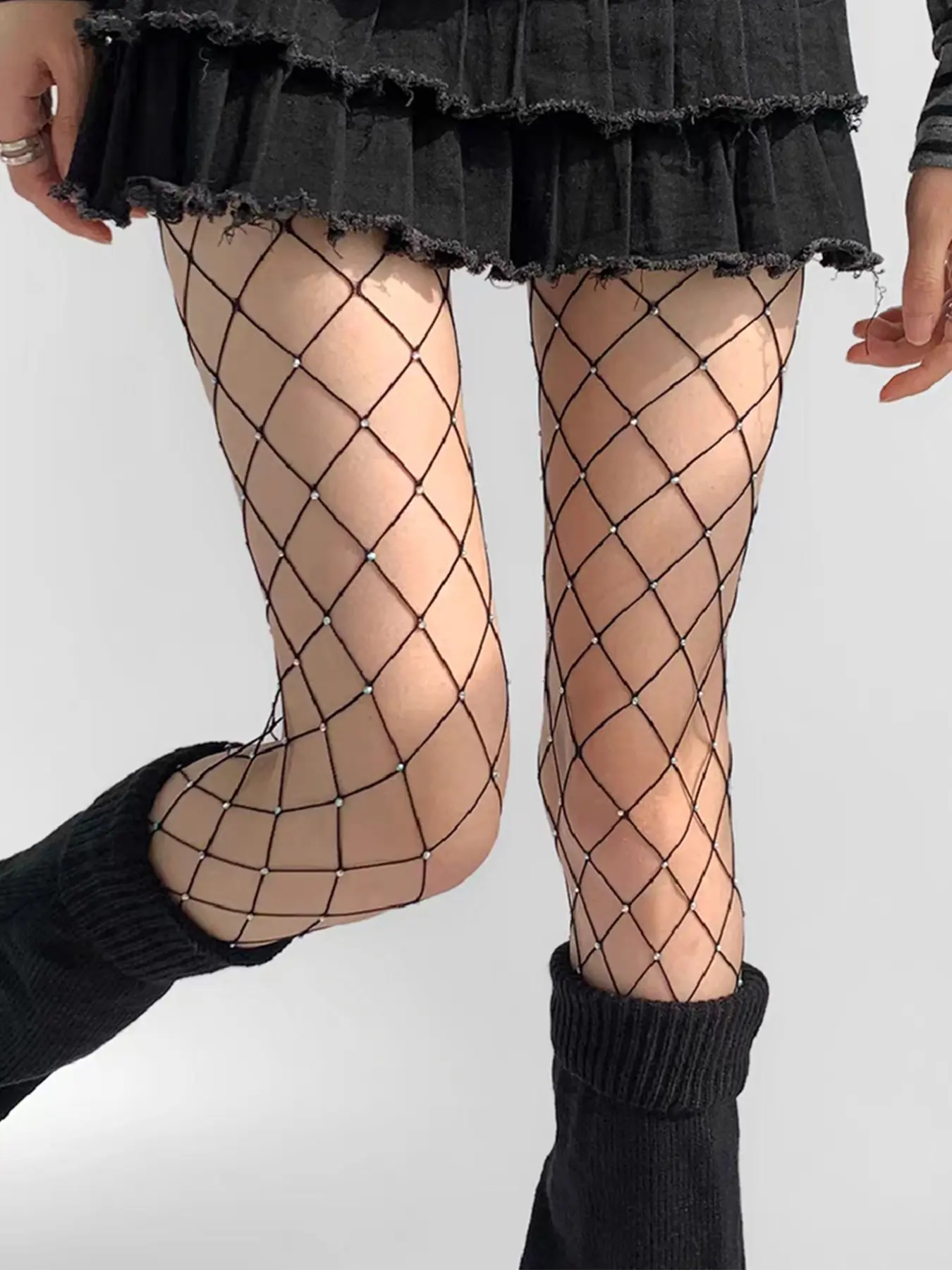 Women's Rhinestone Mesh Punk Lace Up Fishnet Stockings, Sexy Party Essential, All Seasons, Plain Style, Fit