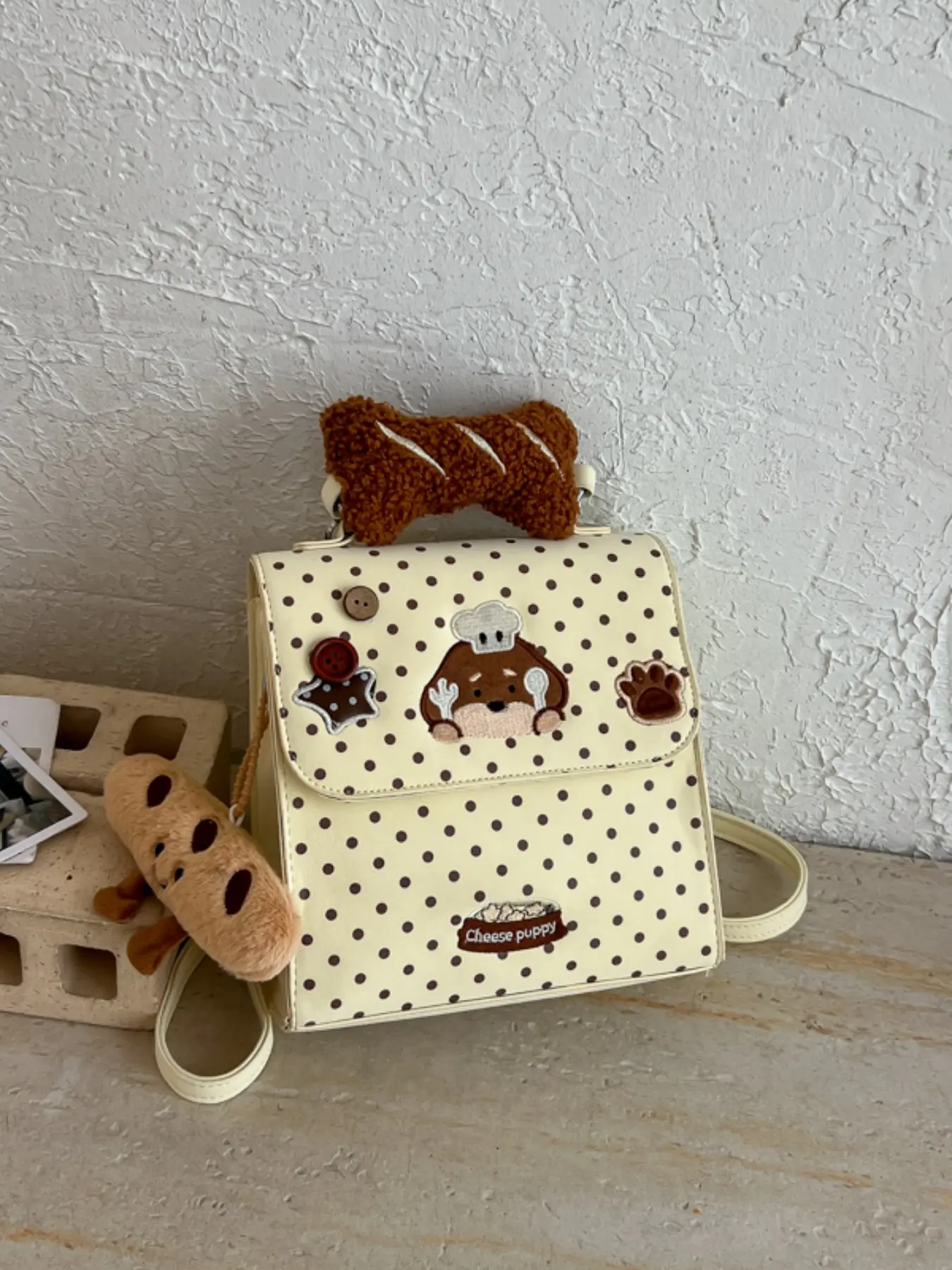Mini Backpack with Flip Cover, Colorful Polka Dots and Paw Prints, Dog Embroidery Patch, Button and Cookie Accessories, Plush Bone Charm