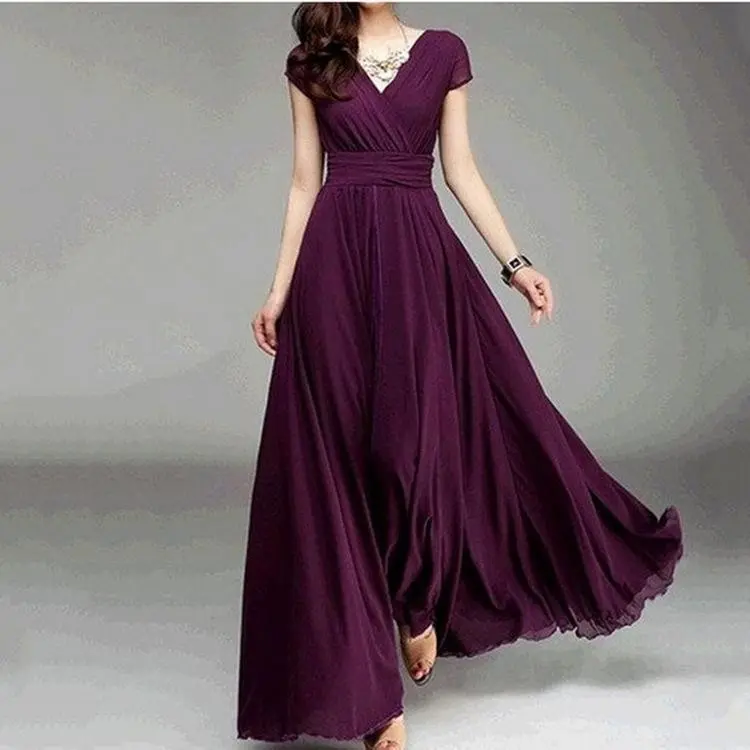 V-neck Short Sleeve Chiffon Waist-cinching Dress Party Gown Formal Womenswear