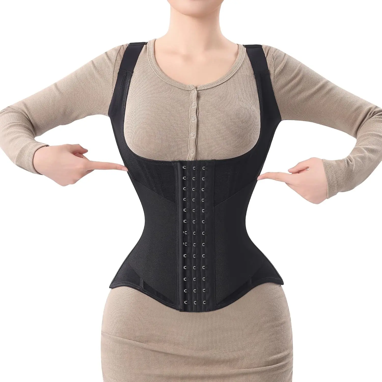 Women's Waist Trainer Corset Faja Shapewear Cincher Vest - 23 Steel Bones Adjustable Shoulder Straps, Full Body Shaper Workout Belt Girdle, Double Layer Postpartum Tummy ControlGift