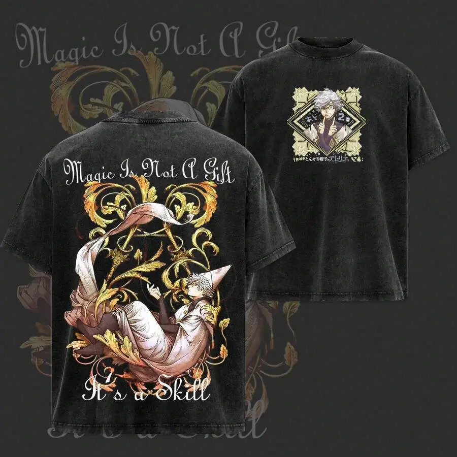 Mineral Washed Atelier Of Witch Hat Qifrey Graphic T Shirt Unisex Double Print Casual Shortsleeve Top Fantasy Urban Streetwear Apparel Gift For WHA Manga Fans