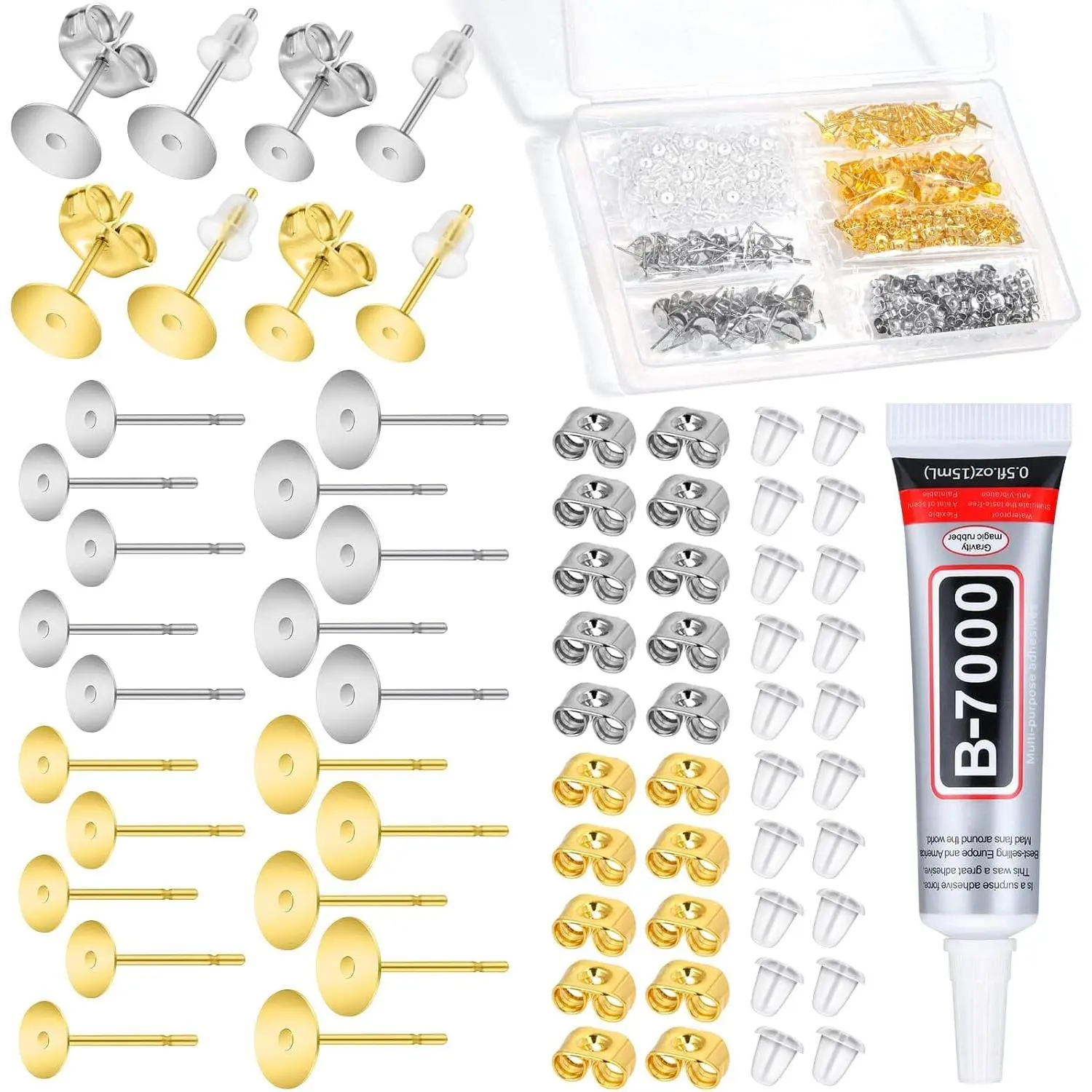 Glue with 600 count Stainless Steel Earring Posts and Backs -  and  Posts with Rubber Backs for  Making