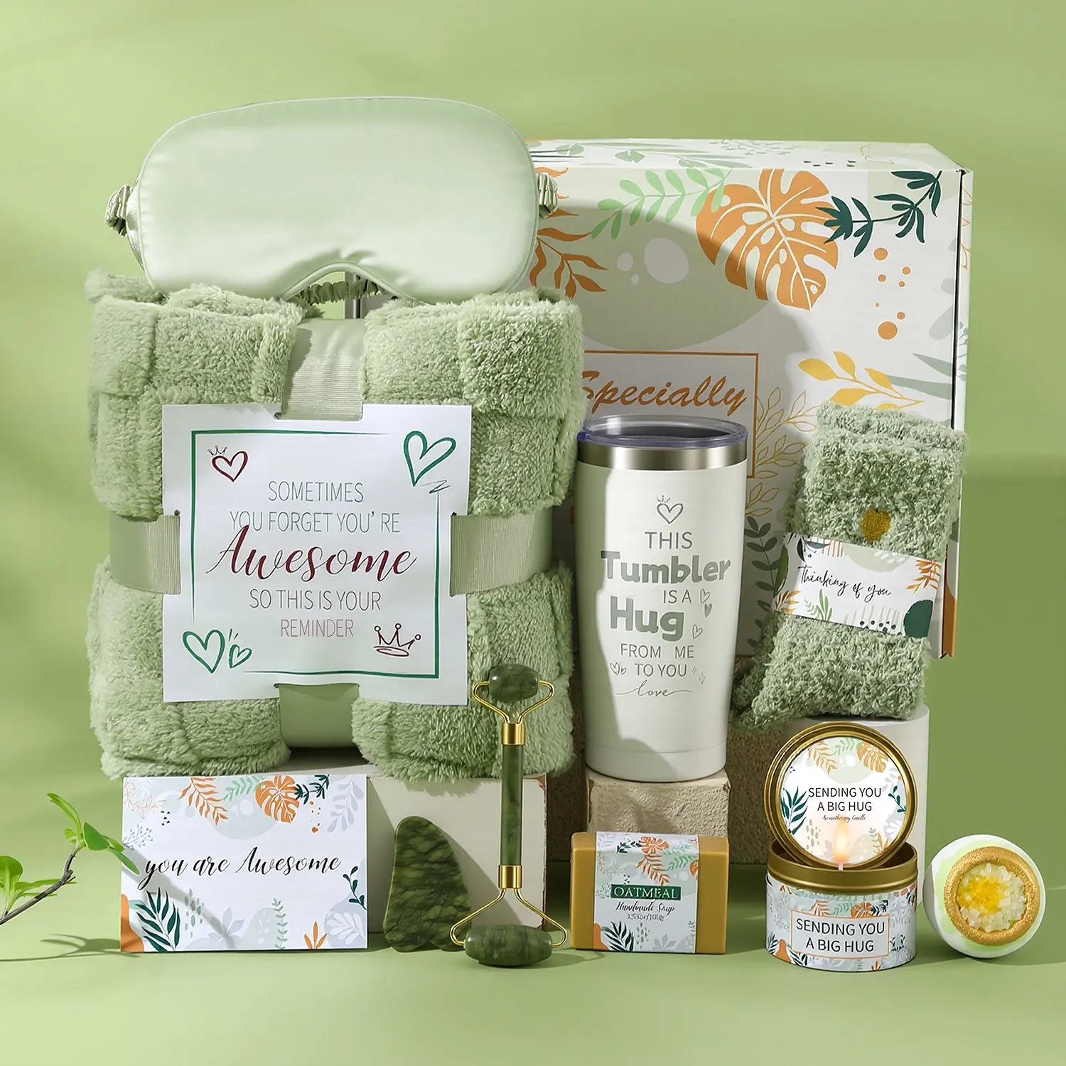 1 Set Green Self-Care Gift Box Set, including blanket, eye mask, insulated tumbler, gua sha tool, scented candle, bath bomb, soap, socks and greeting card, women's SPA gift for birthdays and holidays