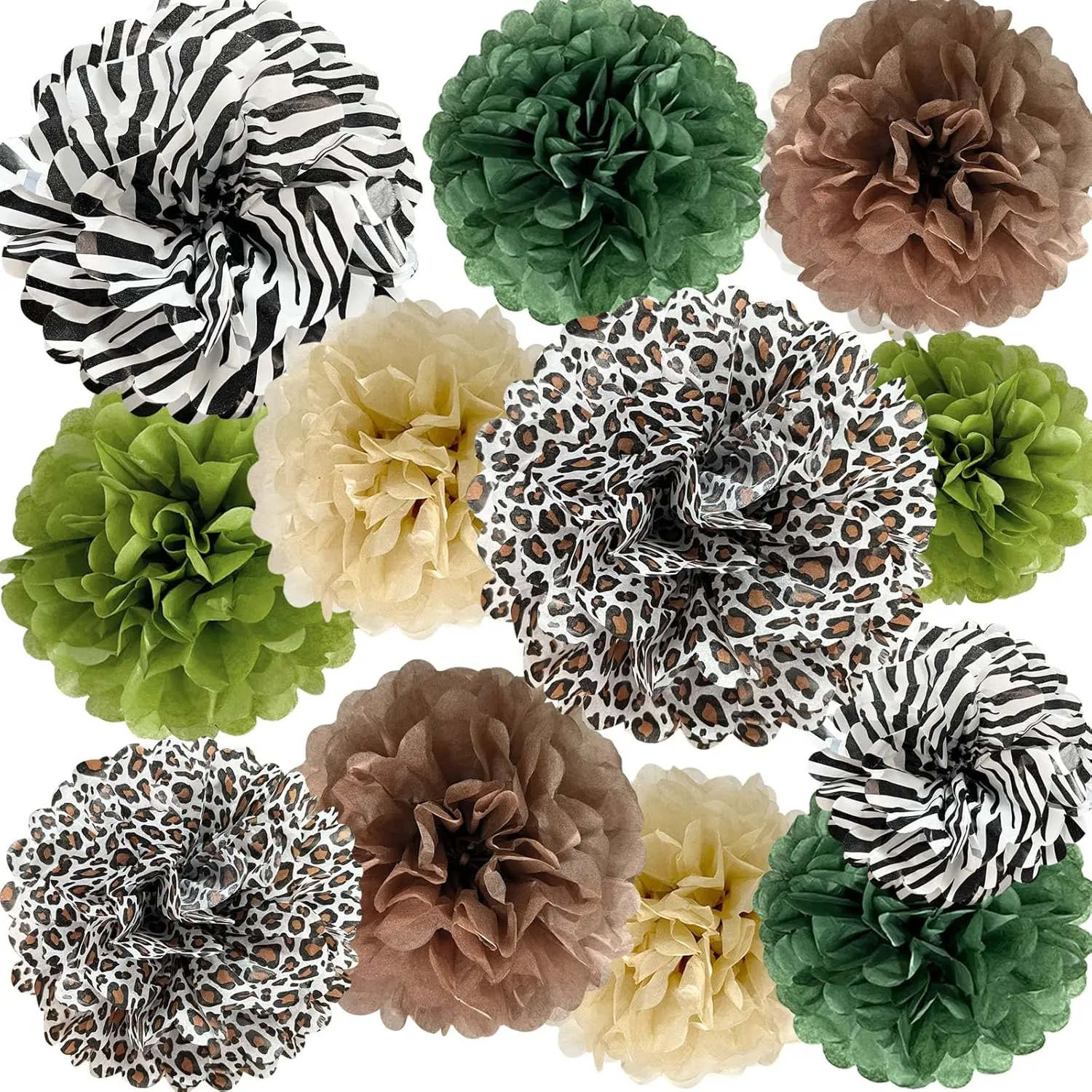 Hangable Tissue Paper Pom Poms - Jungle Safari Animal Print Decor, Zebra, Leopard, Cheetah Patterns, Sage Green & Brown Flowers, Disposable Home Party Supplies for All Ages, Baby Shower Wall Hangings, Zebra Print, Table Centerpieces