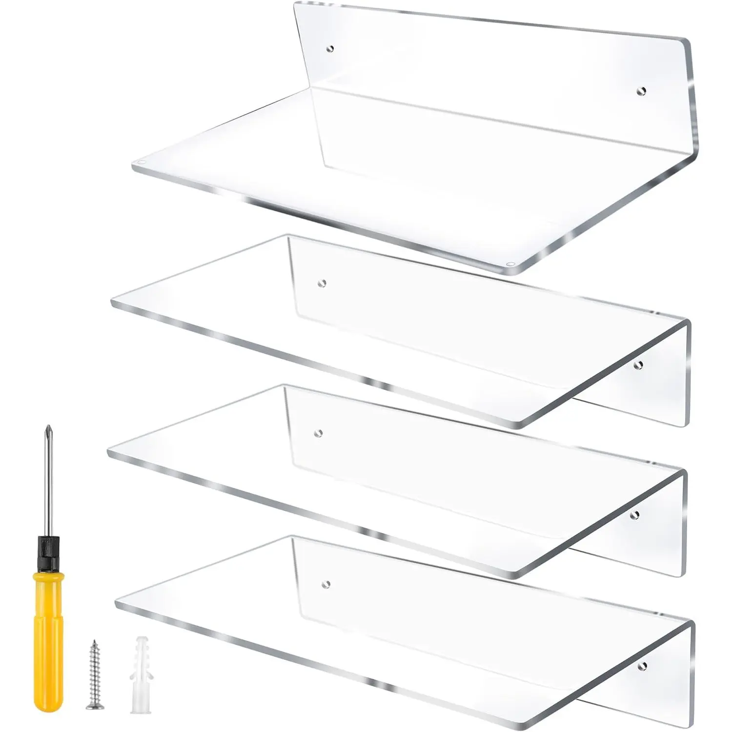Jansburg 12 Inch L-Shaped Acrylic Floating Shelf Clear Wall Mounted Shelves Invisible 5MM Thick Shelf for Wall Storage Clear Shelves for Makeup Photo Picture Book Record Display 4 Pack