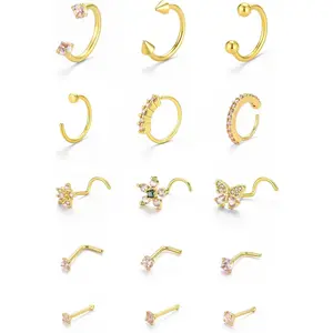 15 count 16G Septum Rings & 20G Nose Studs Set, 316L Stainless Steel Nose Hoops,  14K  Plated Nose   with CZ, L-Shape Corkscrew Nose Studs for Women Men