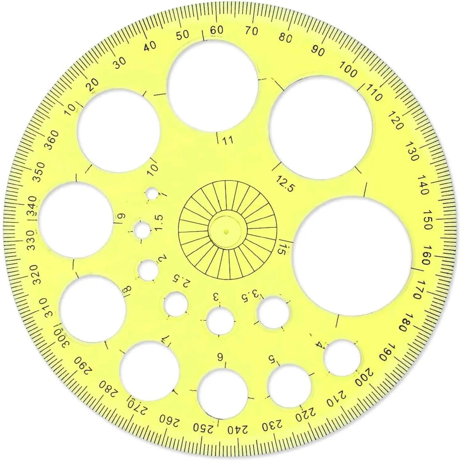Plastic Circle Ruler & 360-Degree Protractor, Multi-Size Drawing Stencil with 16 Sizes for Students and Art Design, Home, Office, 1 Pcs, Metric Units, 16 Different Sizes