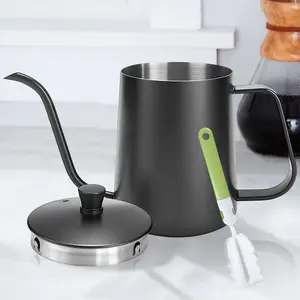 Pour over Coffee Kettle with Lid and Brush, 20oz/600ML Gooseneck Stainless Steel, Hand Brewed Pot, Long Narrow Spout, Ideal for Tea & Coffee