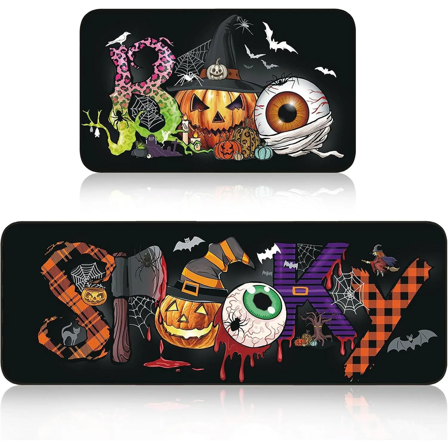 Halloween Kitchen Mats Set of 2, 16 x 24 and 17 x 47 Inch Halloween Kitchen Decor, Non Slip Backing Mat with Runner Mats for Floor Cute Indoor Holiday Decor