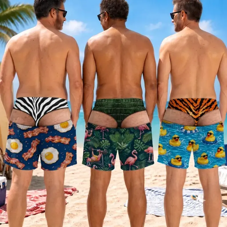 Personalized Funny Beach Shorts for Men, Custom Bacon Eggs Flamingo Rubber Duck Swim Trunks Gift,Camping Beach Shorts,Custom Gift for Men Husband Dad,Camping Trip Birthday Wear # FunnySwimShorts # CampingBeachShorts