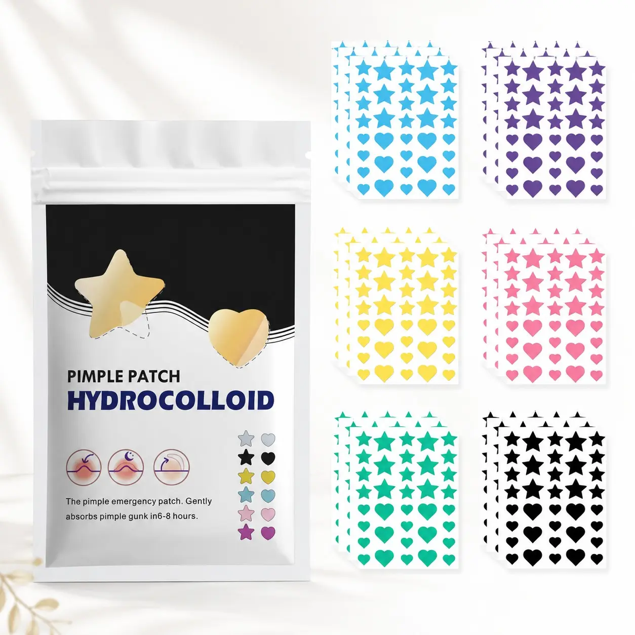 648pcs 6-Color Star and Heart Hydrocolloid Pimple Patches in Blue, Purple, Yellow, Pink, Mint and Black, Cute Waterproof Facial Blemish Cover Stickers for Daily Skincare, Makeup Prep, Travel, Birthday Parties, Festivals and Holiday Gifts