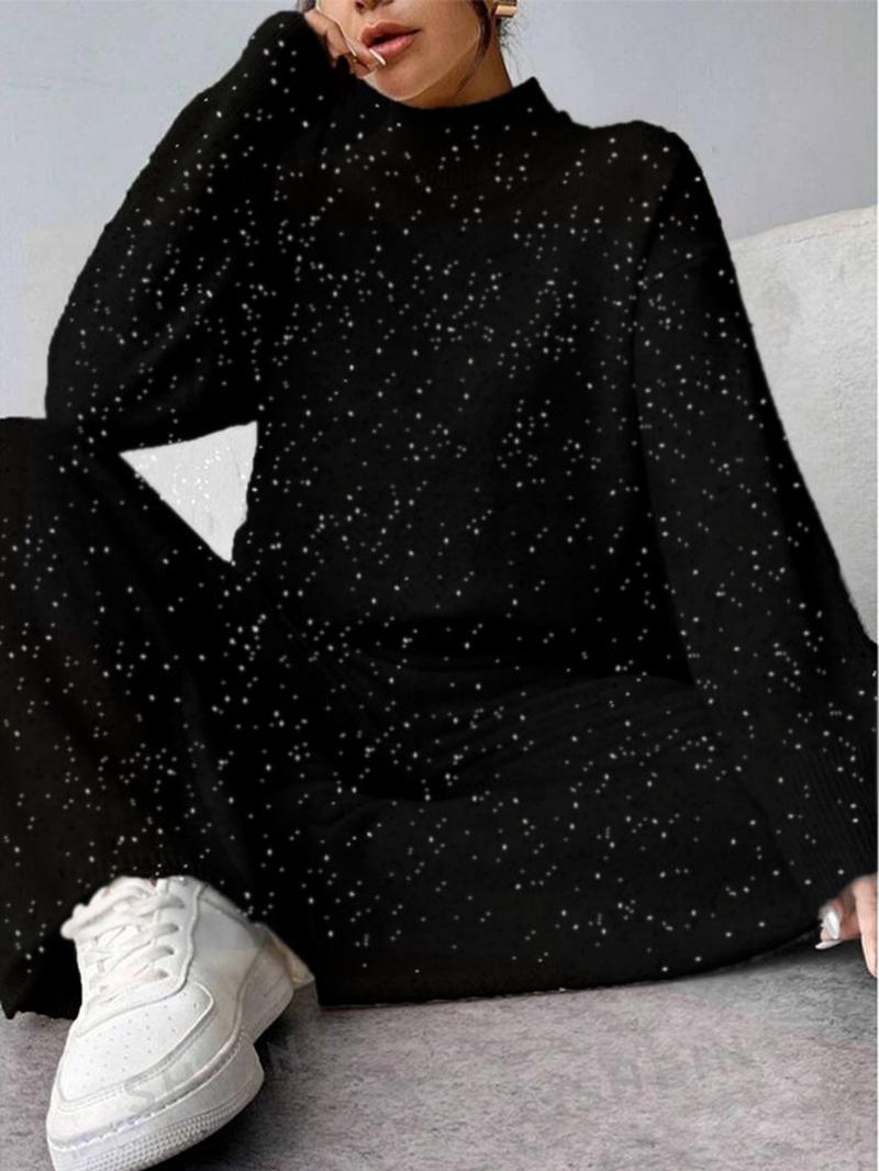 Women's Plain Drop Shoulder Sweater & Wide Leg Pants Two-Piece Set, Casual Fashion Cozy Baggy Knitwear Set for Daily Outdoor Wear, Women Knitwear for Fall & Winter