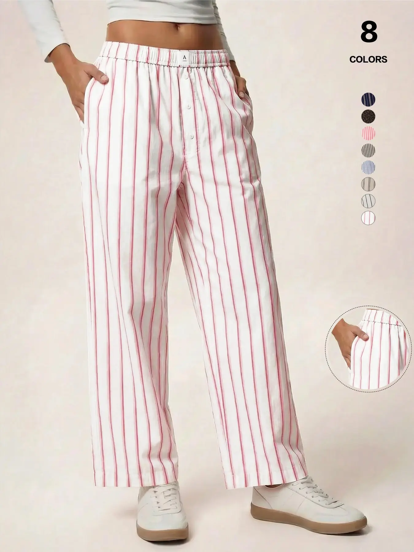 Women's Striped Wide Leg Pants, High Waisted Elastic Waist, Drawstring Casual Lounge Pants with Pockets, All Seasons Fashion
