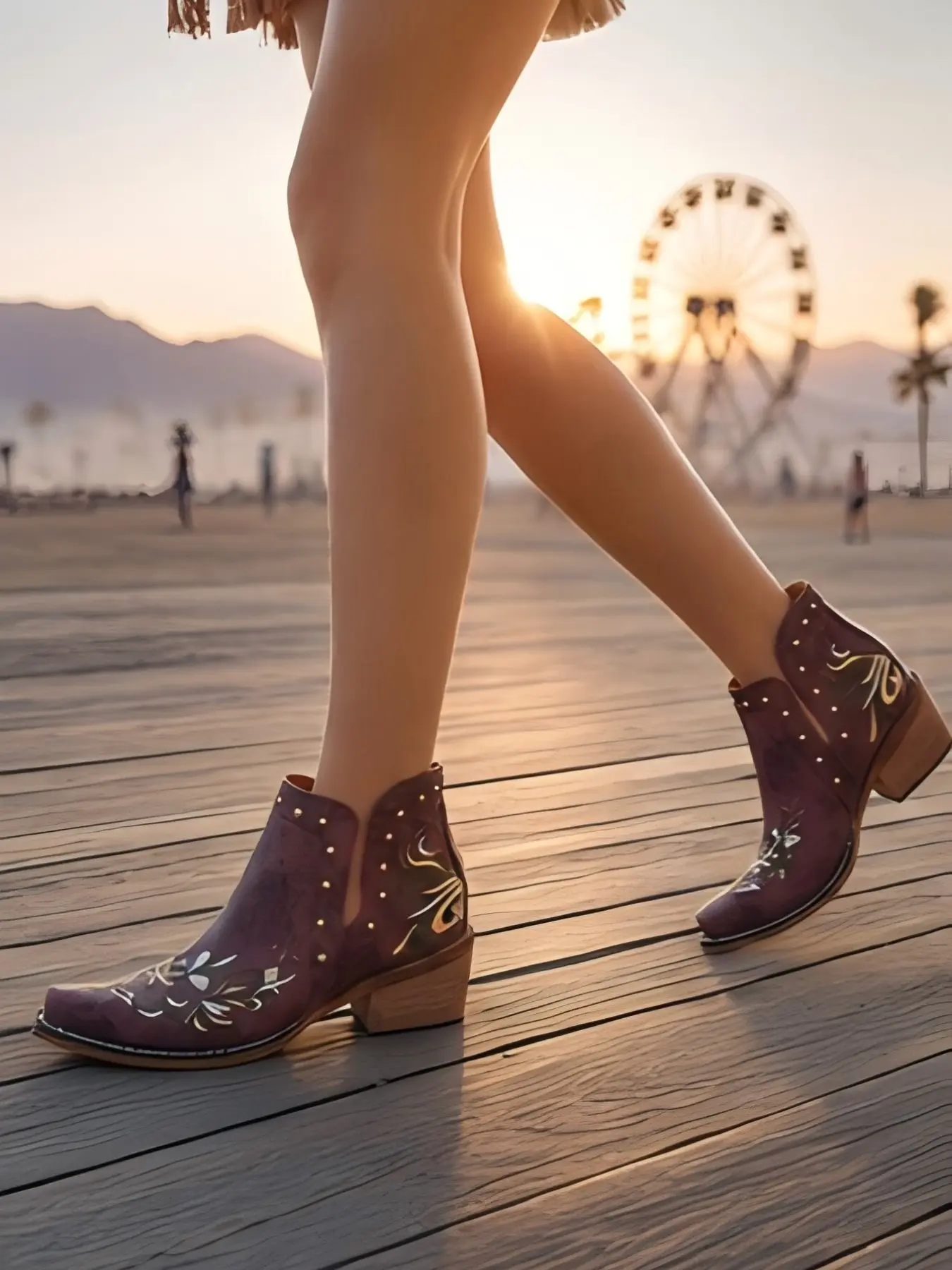 2026 Summer New Women's Fashion Boots, Floral Embroidery Rivet V-Notch Western Short Boots, Boho Festival Style, PU Leather, Rubber Sole