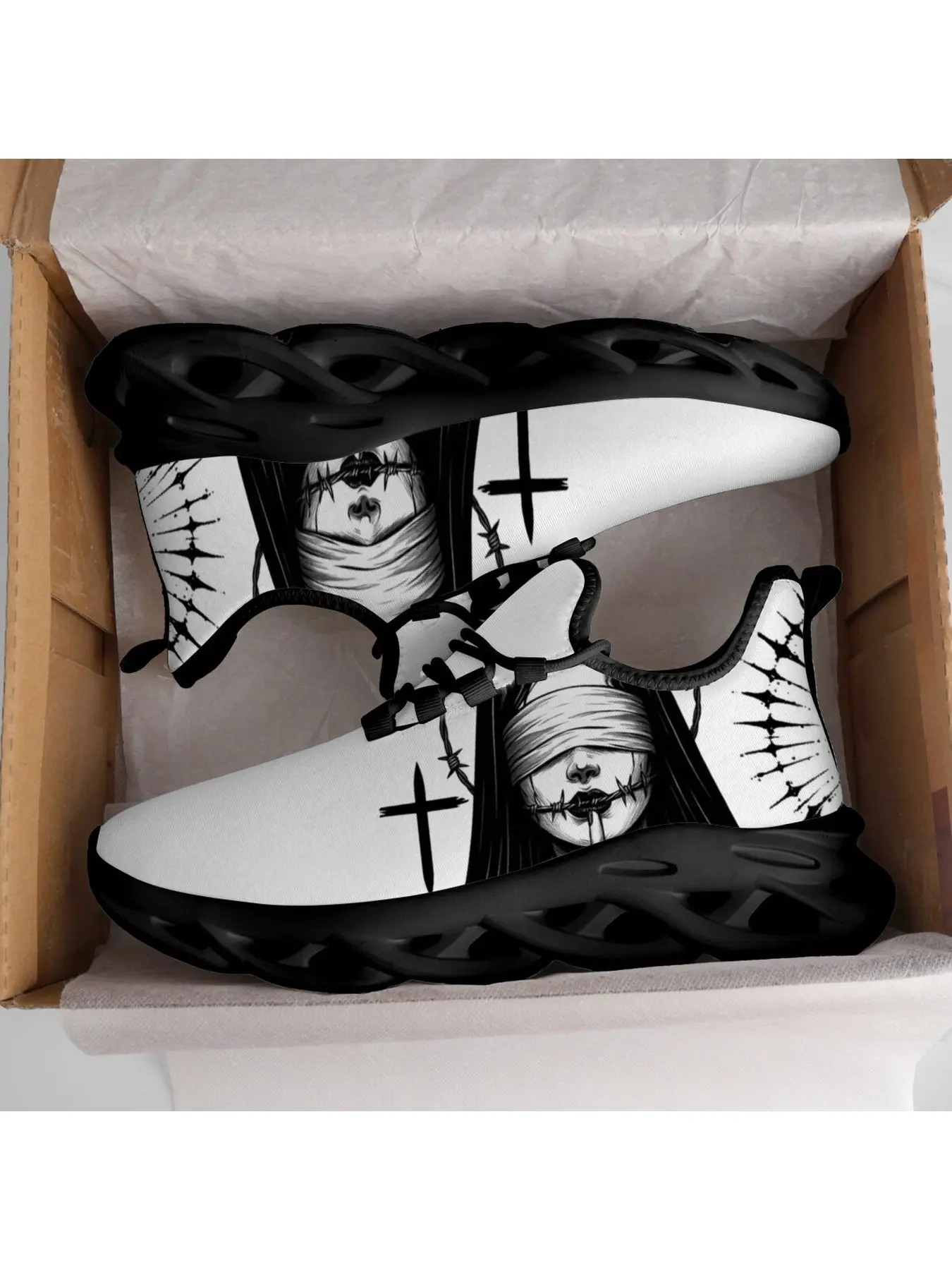 Black Ink Barbed Wire Blindfold Figure Blade Sneakers White Hollow Wave Cushion Sole Mesh Running Shoes Gothic Cross Crack Texture Dark Tattoo Print Punk Street Casual Trainers For Men Women