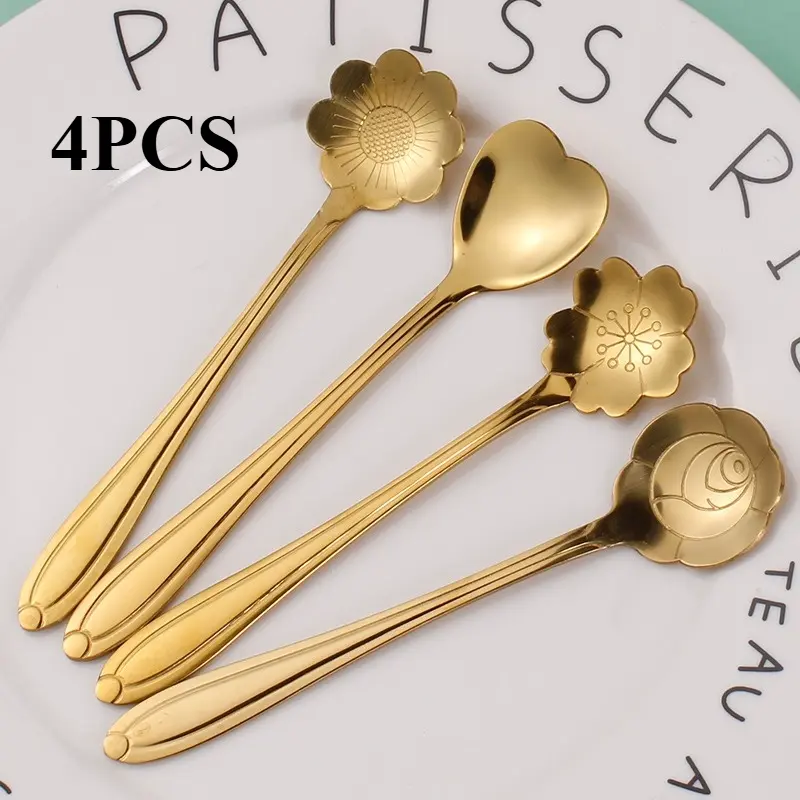 4Pcs/SET Stainless steel golden cherry blossom spoon rose hand gift high value coffee spoon dessert spoon stirring small spoon