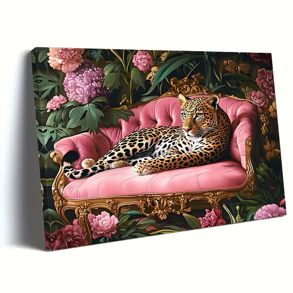 2D Flat, 2D Flat, A Single Framed Canvas Featuring a Leopard on a Pink Sofa, Designed in a Vintage Style.This Wall Art, Adorned with Lush Greenery, Makes an Ideal Valentine'S Day Present And Is Perfect for Home Decoration.It Comes in a Wooden Orna