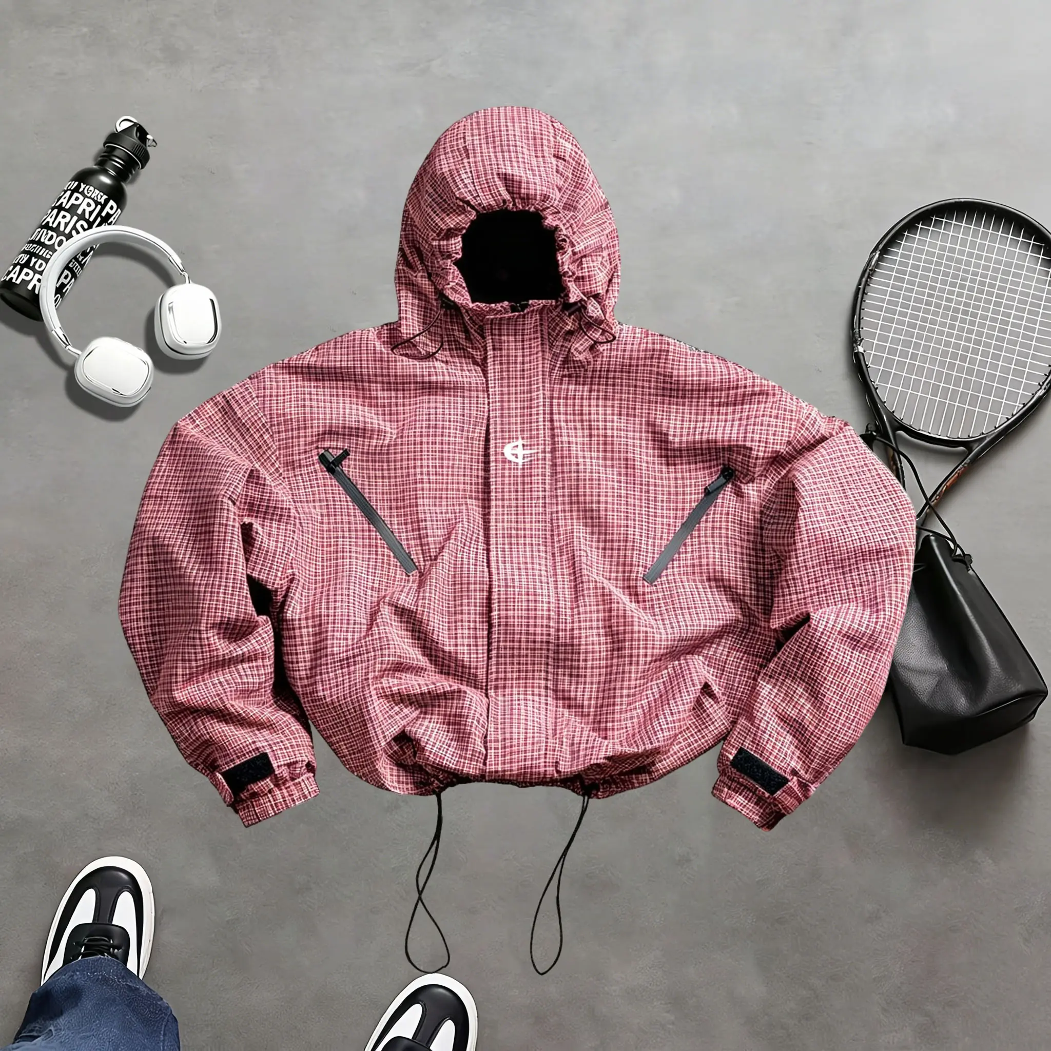 Unisex Vintage Plaid Functional Commuter Jacket, Hooded Windproof Loose Fit Short Coat, Casual Outdoor Jacket, Casual Sportswear for Spring & Fall