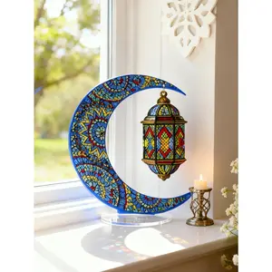 Ramadan Mubarak Decor Crescent Moon Table Ornaments with Lantern Pendant Islamic Eid Festival Home Decorations Muslim Party Gift