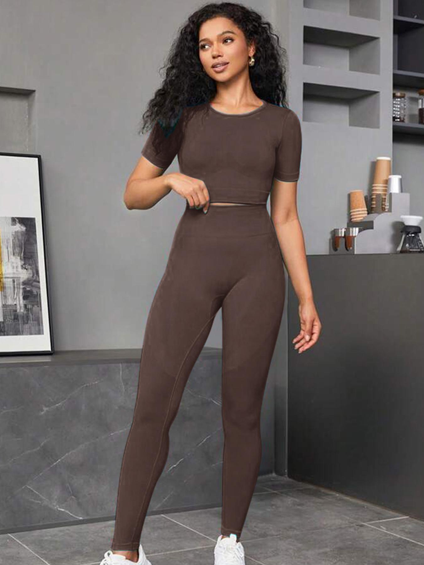 Two-Piece Set Women's Solid Crop Top & High Waist Leggings Tracksuit Set, Sporty Breathable Comfy for Yoga Gym Workout Running, Ladies Sportswear for All Seasons, Gym Workout Clothes