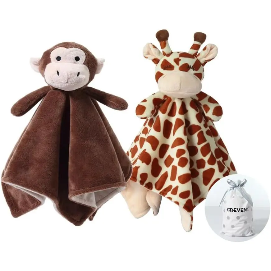 Cozy Plush Baby Security Blanket, Loveys for Baby Girls and Boys, Birthday (Monkey+Giraffe)