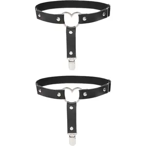 2pcs Adjustable Heart Thigh Garter with Anti-Slip Clips, Elastic Punk Leg Garters for Women, Black