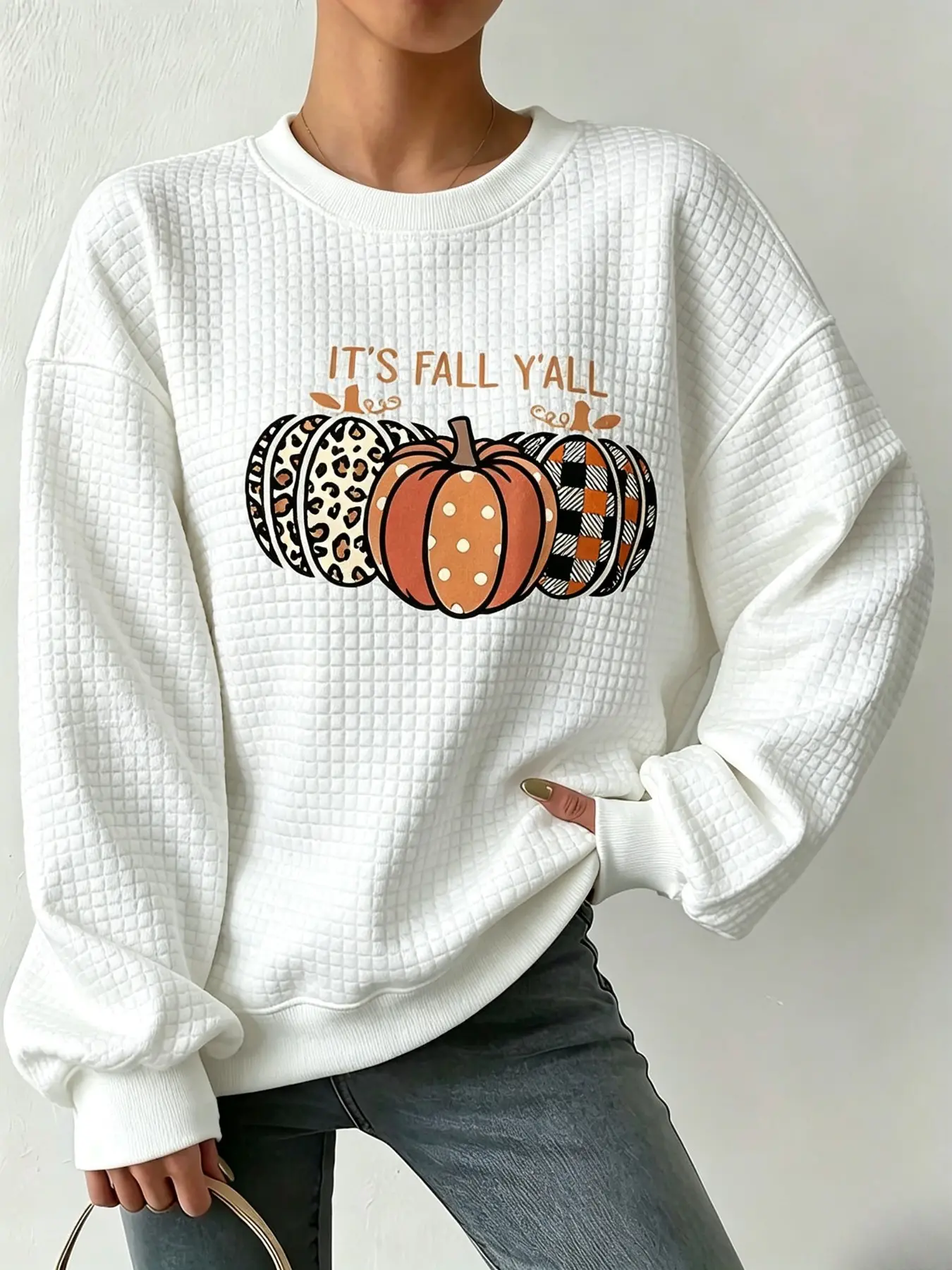 Plus Size Women's Long Sleeve Sweatshirt, Waffle Round Neck, Halloween Pumpkin Print, Loose Fit, Soft, Fall Daily Wear, Festival