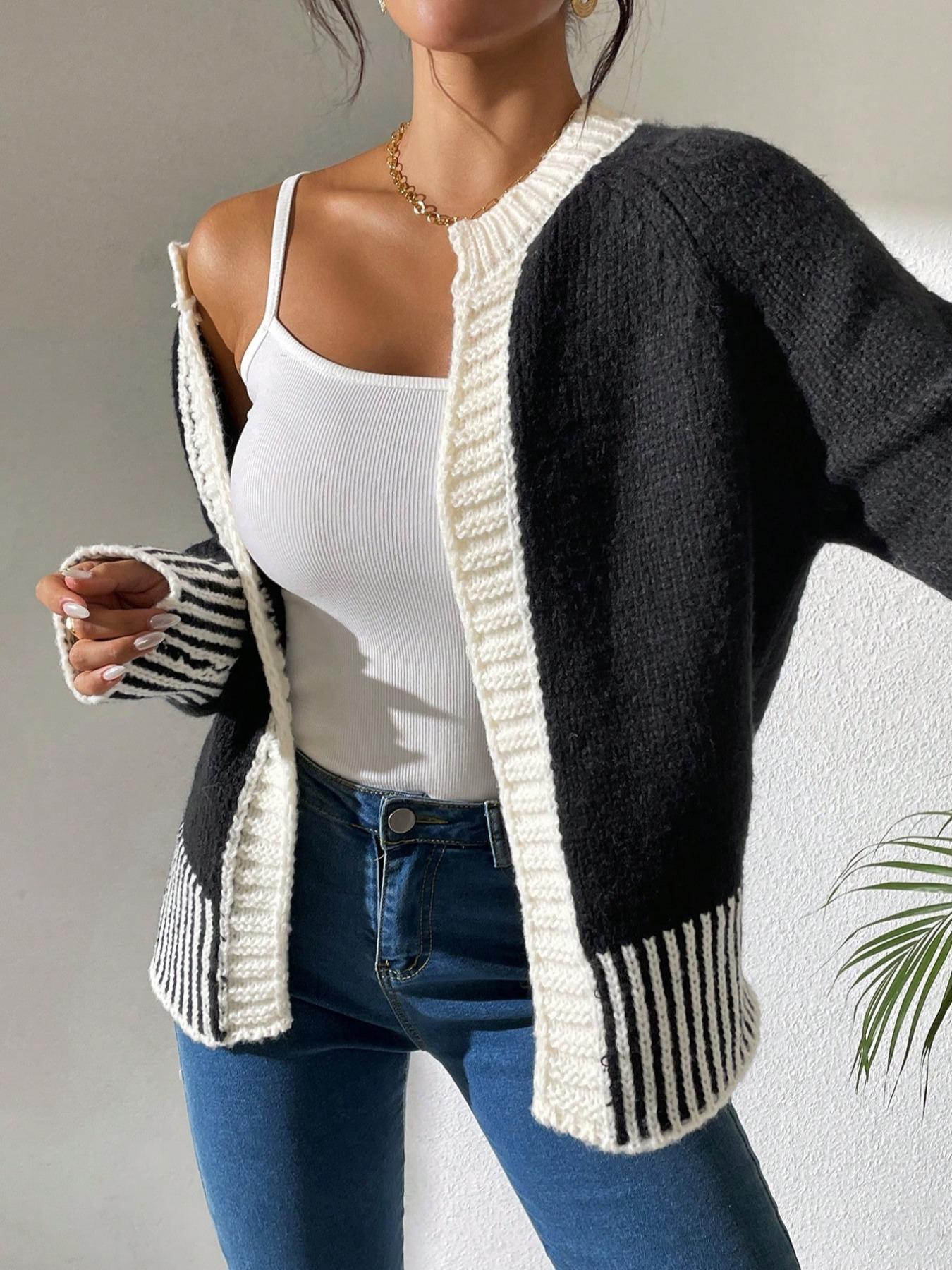 Women's Striped Print Contrast Binding Raglan Sleeve Cardigan, Casual Long Sleeve Open Front Knitwear for Fall & Winter, Fashion Women's Knit Clothing for Daily Wear Women's Striped Print Contrast Binding Raglan Sleeve Cardigan, Casual Long Sleeve Open Front Knitwear for Fall & Winter, Fashion Women's Knit Clothing for Daily Wear
