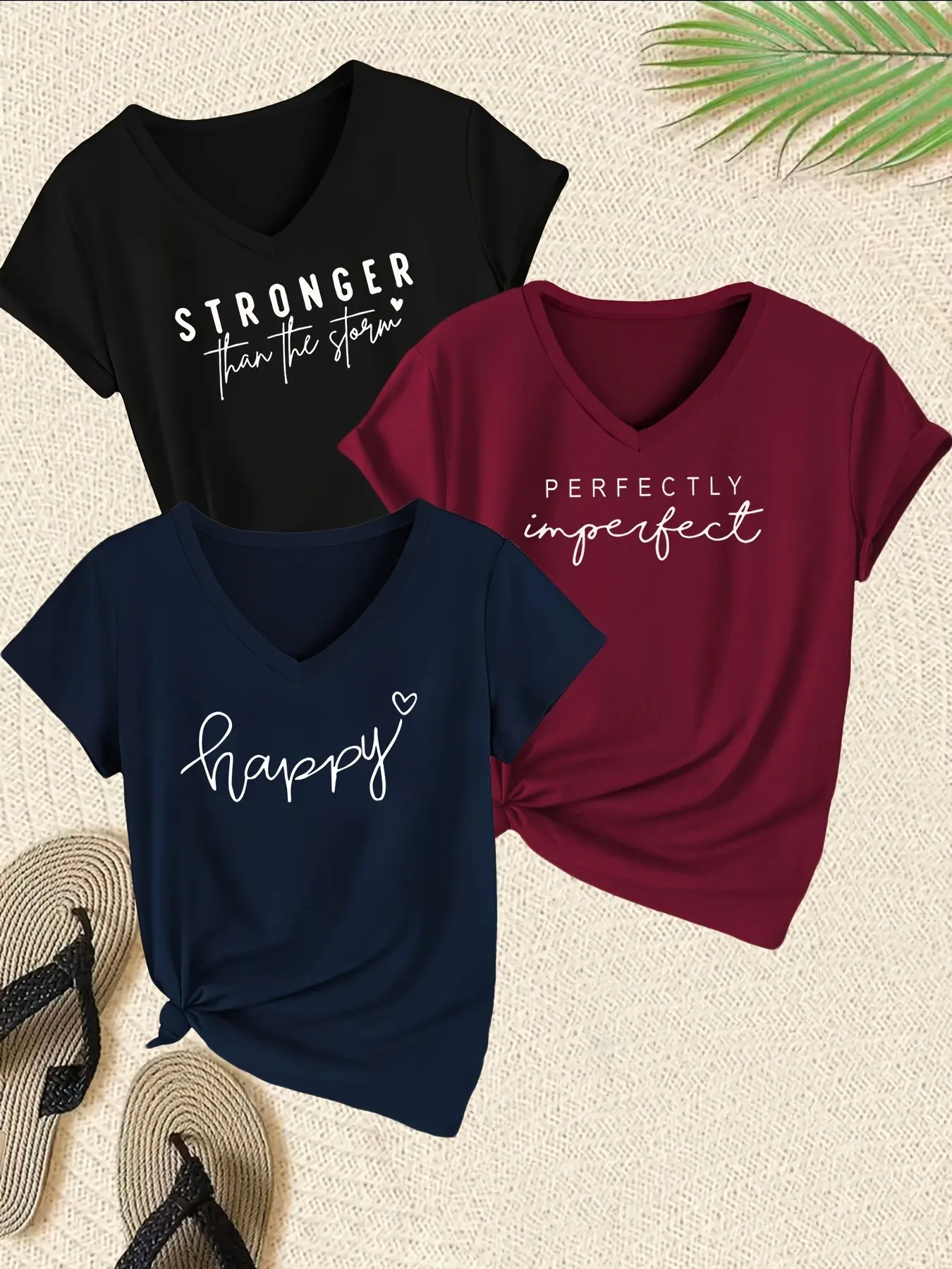 Three-Piece Letter Print Women's T-Shirt, Spring Summer Casual Fashion V-Neck Short Sleeve Top, Slim-Fitting Hearts Pattern, All Seasons
